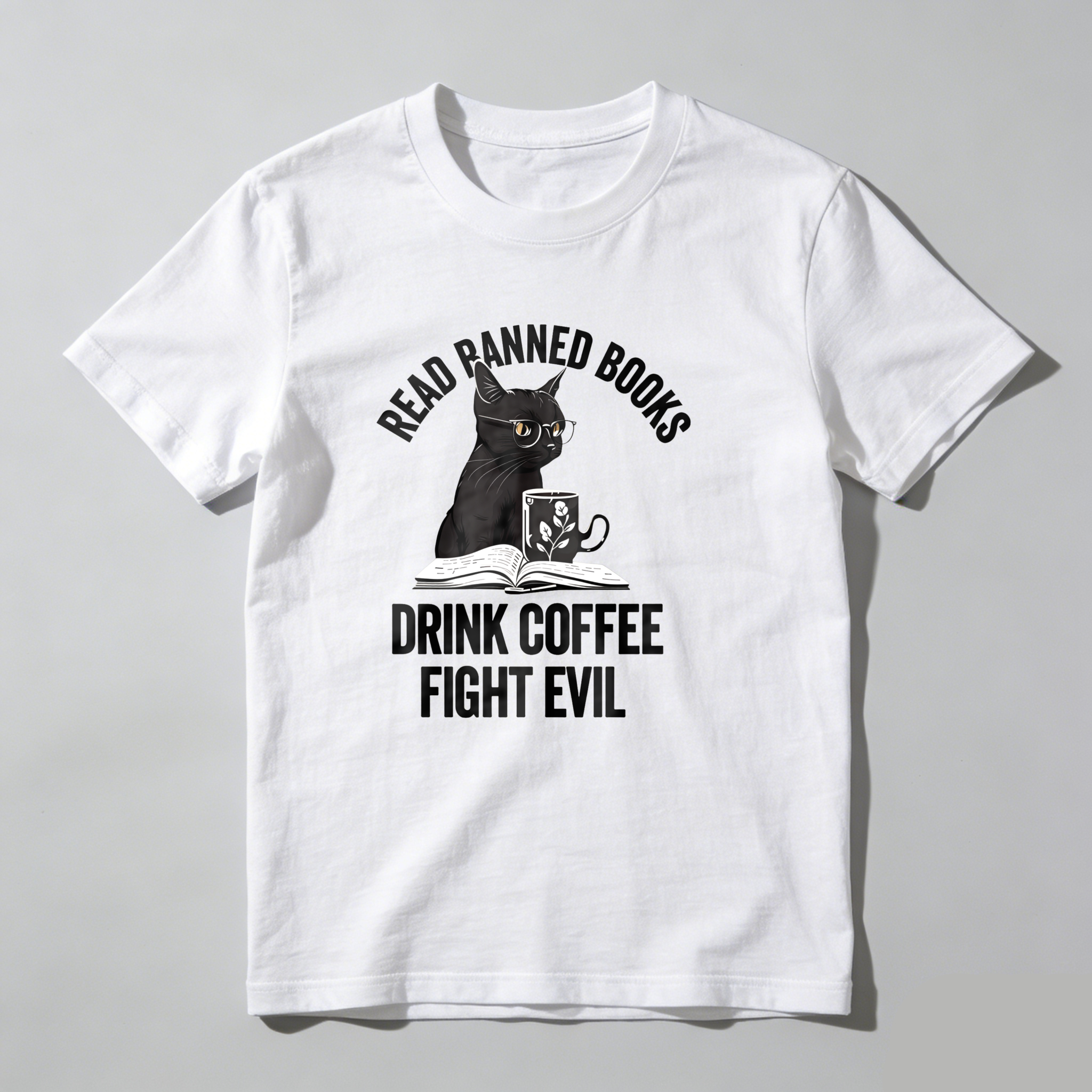 Dorawear™ Black Cat Reading Book With Coffee Cup T Shirt