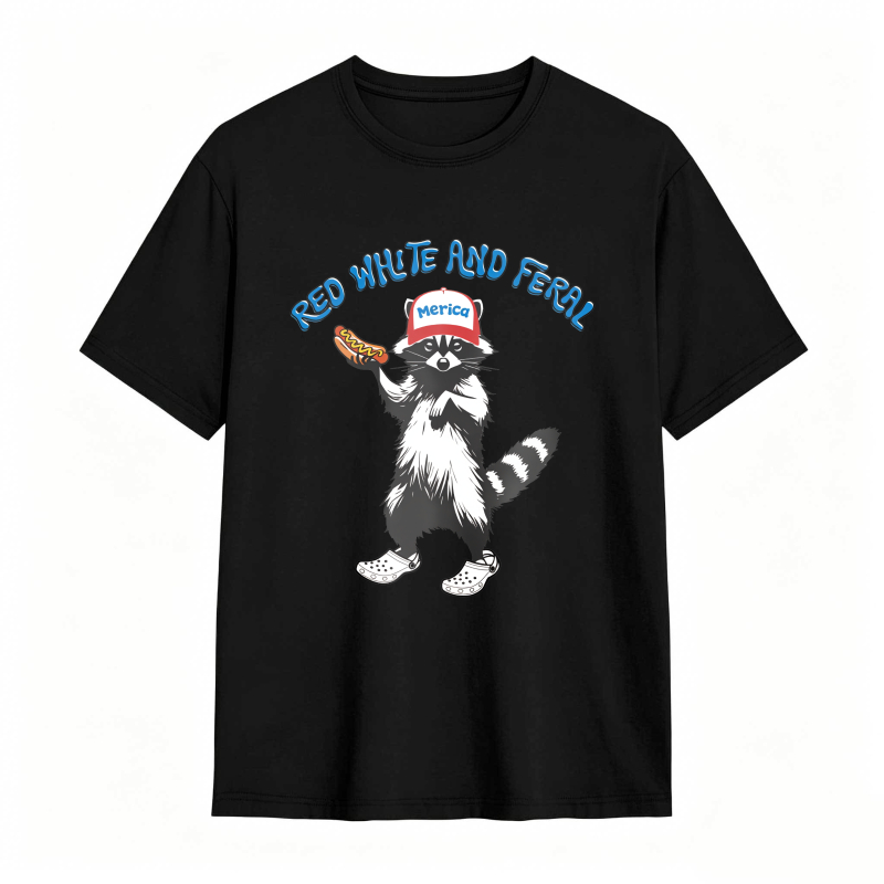 USA Red White Feral Racoon Vintage Hot Dog Party America Patriotic Racoon Tshirt