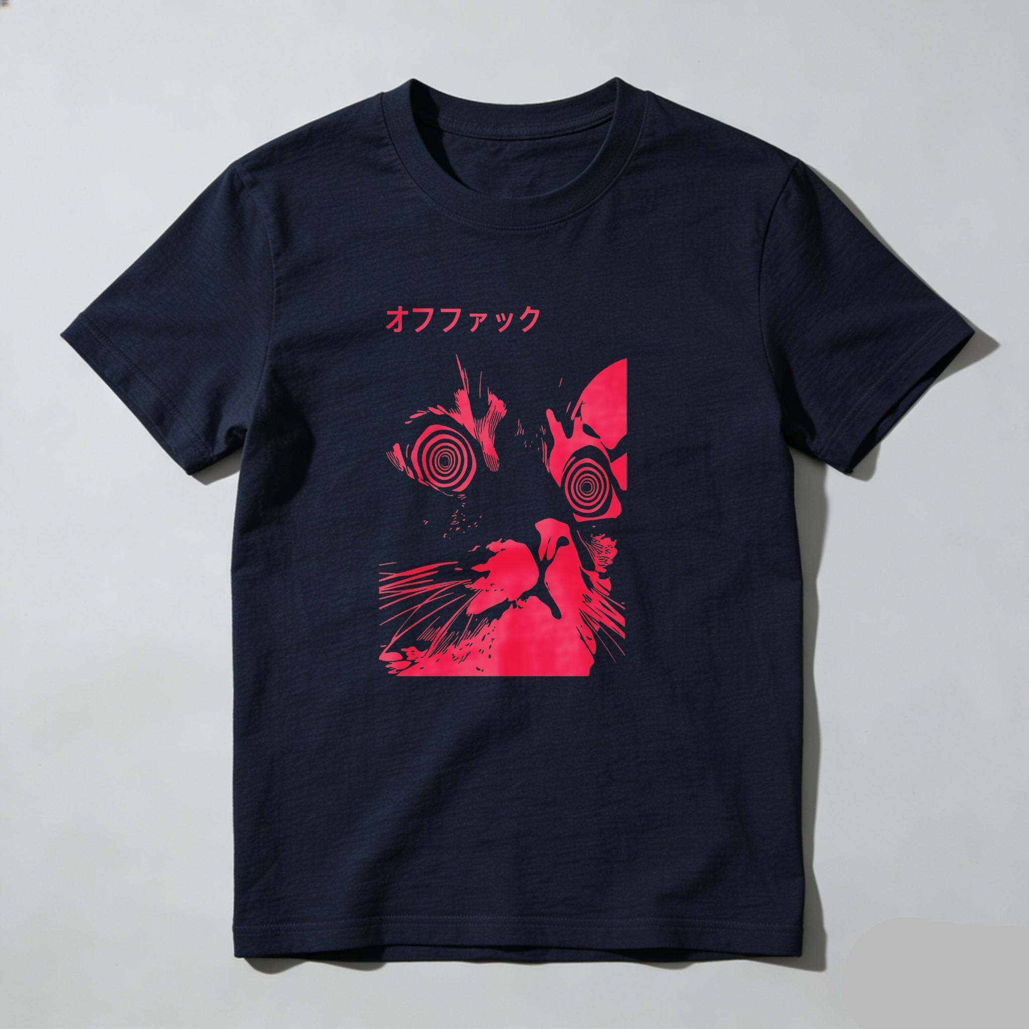 Dorawear™ Red Cat With Spiral Eyes And Japanese Text T Shirt