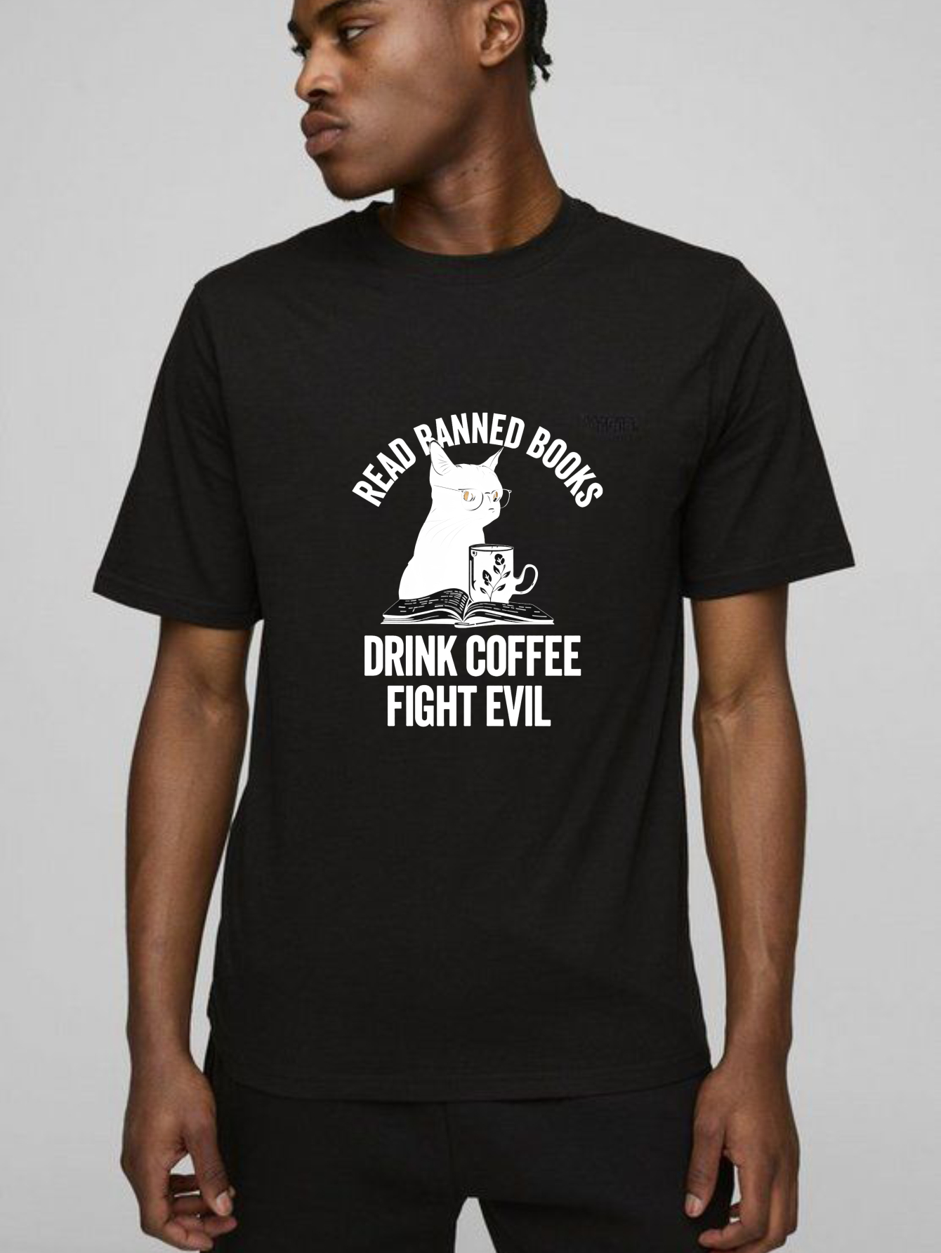 Dorawear™ Black Cat Reading Book With Coffee Cup T Shirt