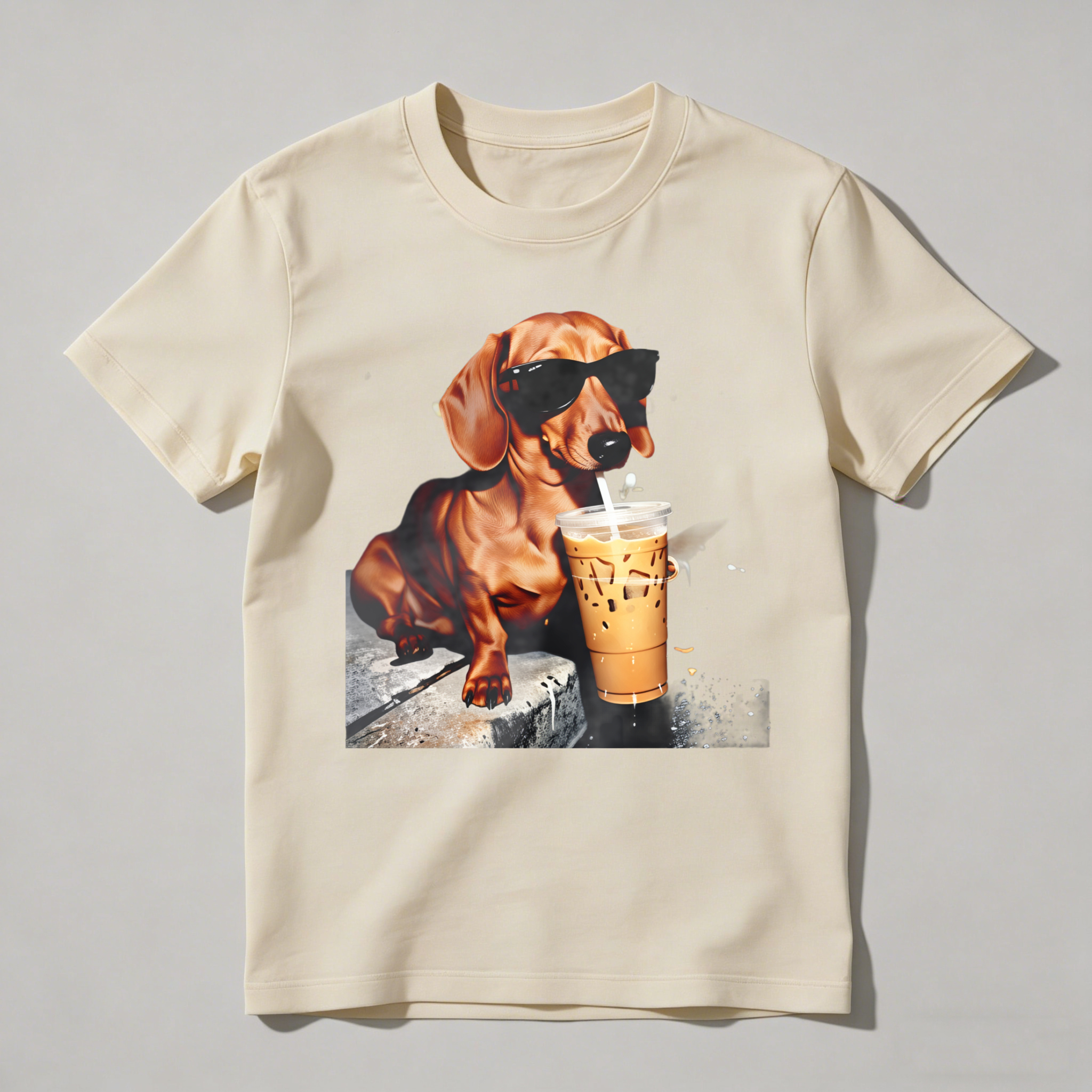 Dorawear™ Dachshund Wears Sunglasses Sips Iced Coffee T Shirt