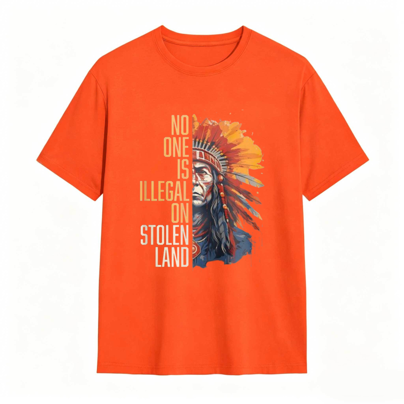 Native American Headdress And Text No One Is Illegal On Stolen Land T-shirt