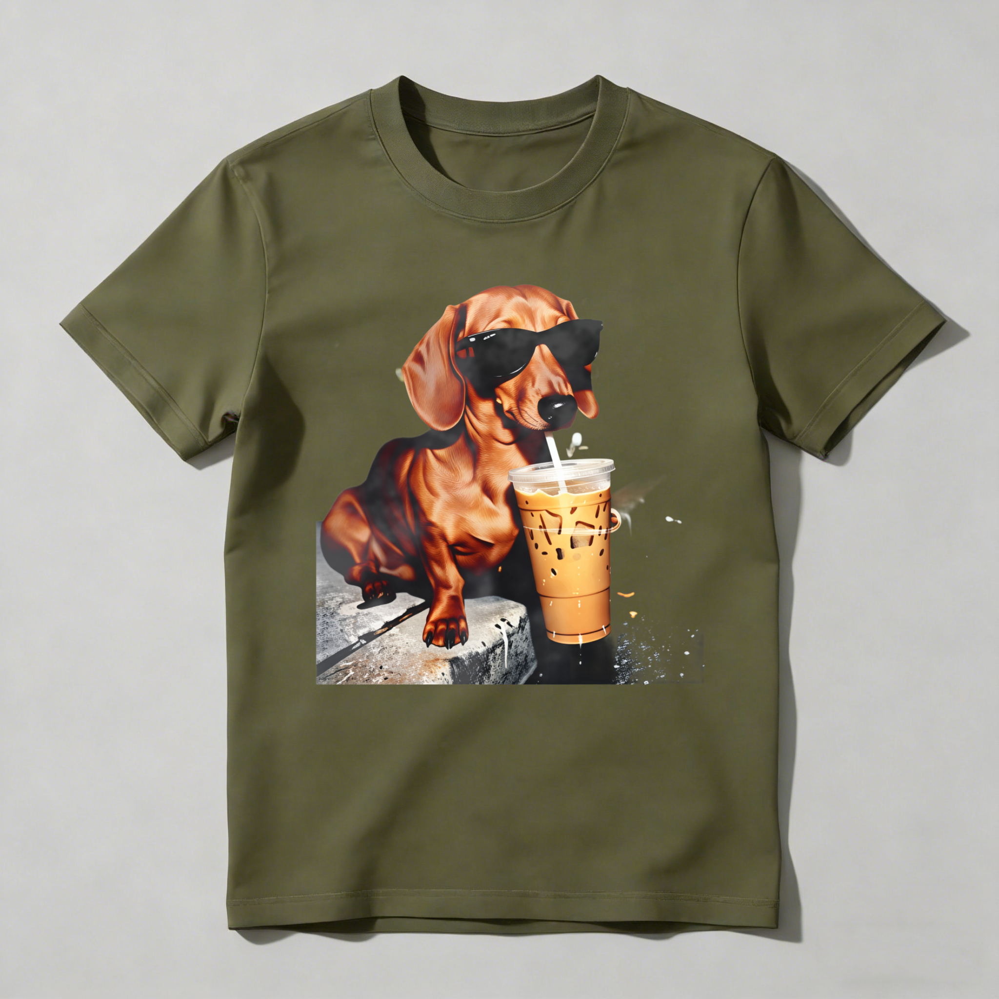 Dorawear™ Dachshund Wears Sunglasses Sips Iced Coffee T Shirt