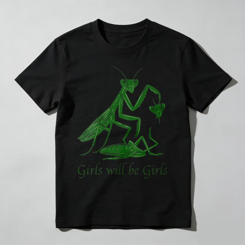 Dorawear™ Green Mantis Eating Prey With Text Below T Shirt 100% cotton