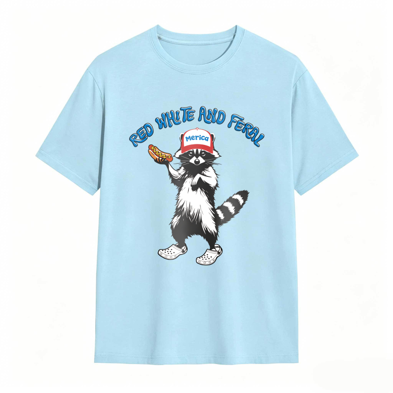 USA Red White Feral Racoon Vintage Hot Dog Party America Patriotic Racoon Tshirt
