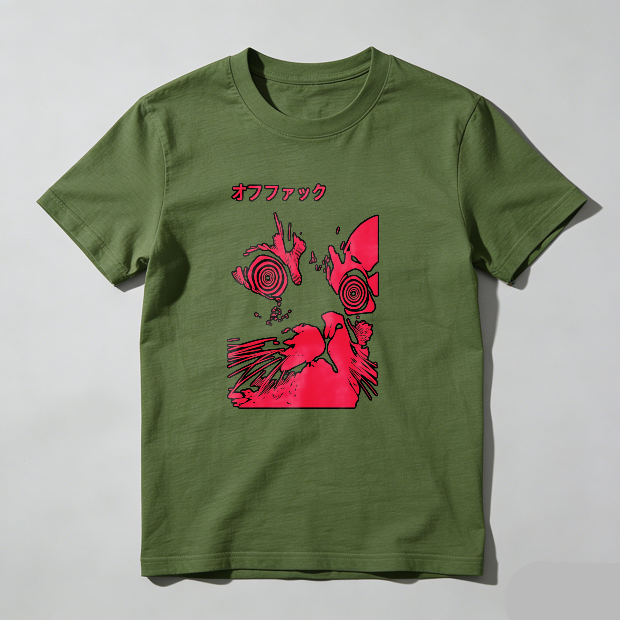 Dorawear™ Red Cat With Spiral Eyes And Japanese Text T Shirt