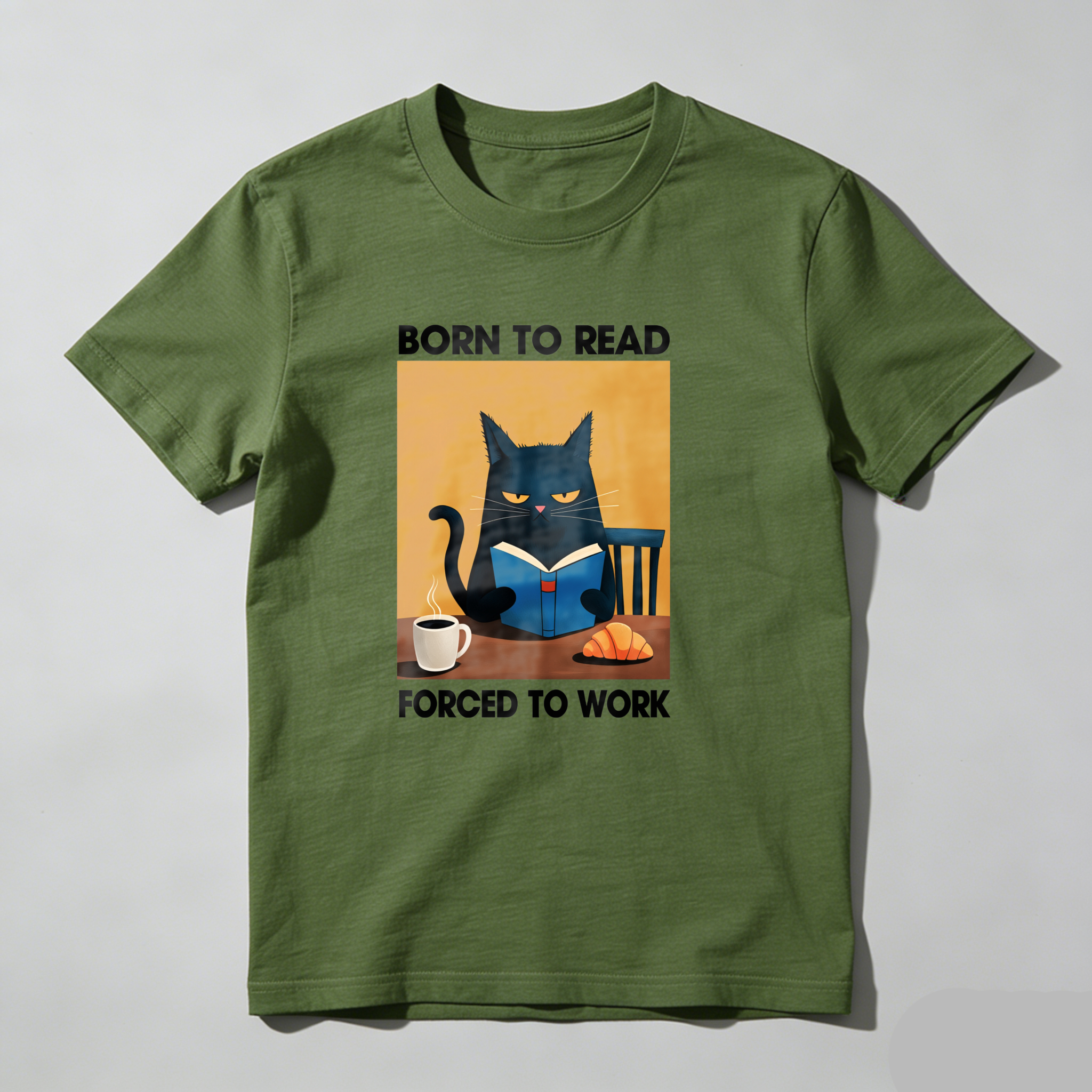 Dorawear™ Cat Reading Book With Coffee And Croissant T Shirt