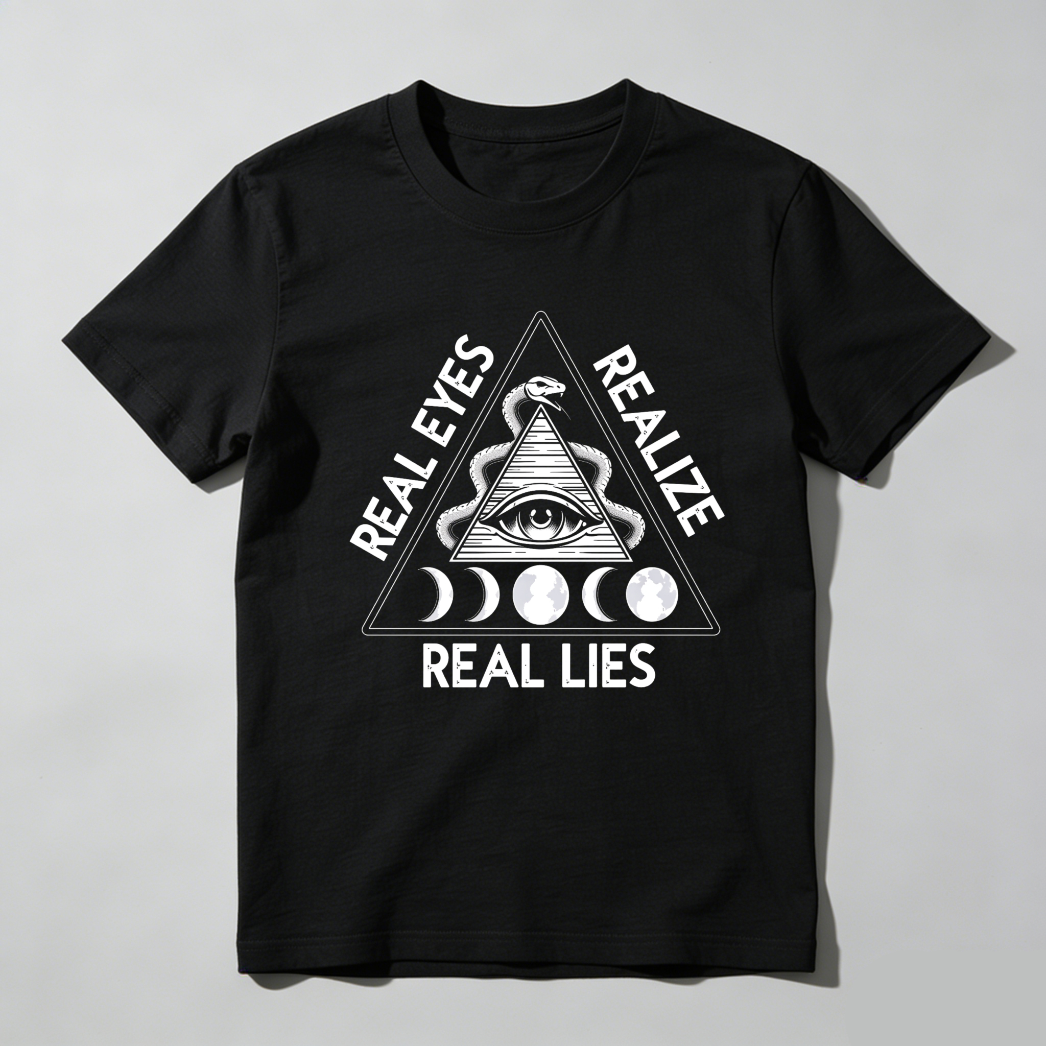 Dorawear™Real Eyes Realize Real Lies Pyramid Eye Snake Moon Phases  T Shirt