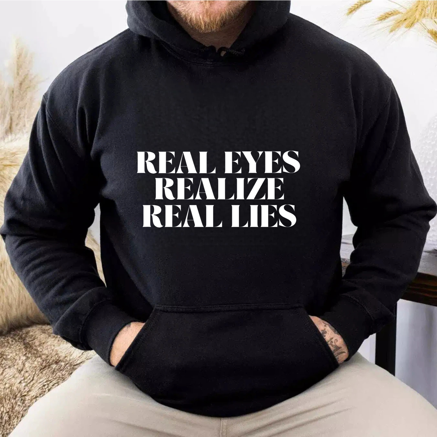 Dorawear™ Real Eyes Realize Real Lies Hoodie Black Sweatshirt With Pocket And Drawstring Hood For Men Women Unisex Casual Wear Streetwear Fashion Top-Dorawear