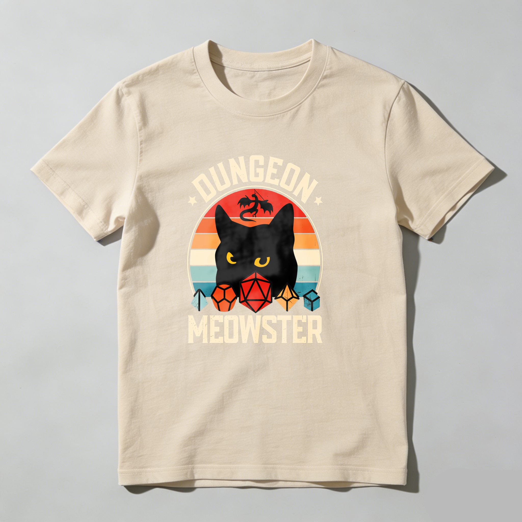 Dungeon Meowster Cat Dragon Dice Sunset tshirt 100% cotton