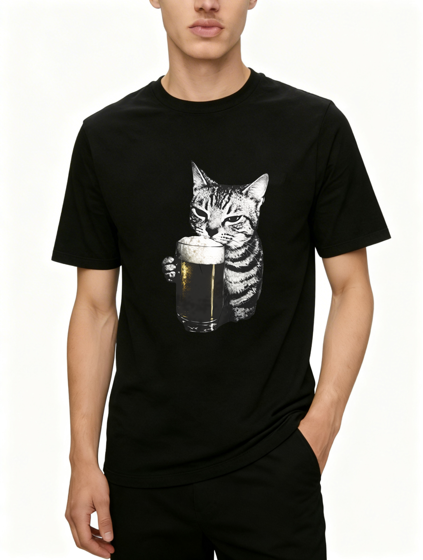 Dorawear™ Cat Holding Beer Glass Print T Shirt