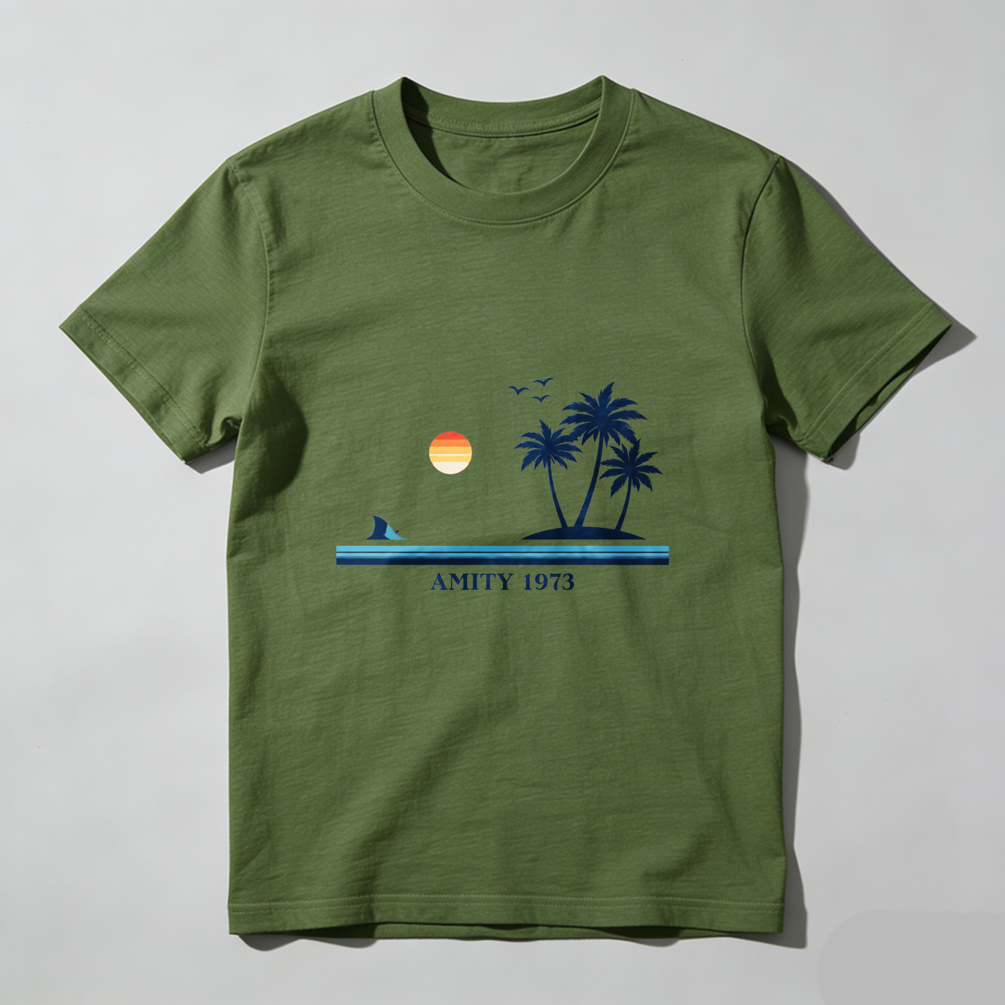 Dorawear™ Sunset Palm Trees Shark Amity 1973 Pure Cotton Short Sleeve T Shirt-Dorawear