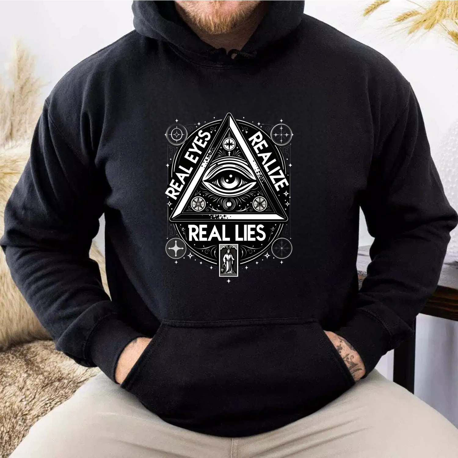 Dorawear™ Real Eyes Real Lies All Seeing Eye Hoodie Black Spiritual Symbolic Design Mystical Eye Print Sweatshirt Unisex Fashion Statement Clothing-Dorawear