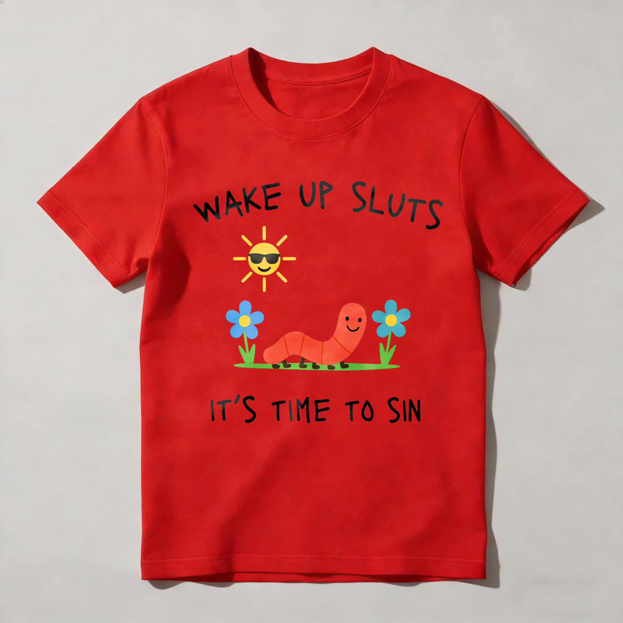 Dorawear™ Wake Up Sloth   Sun Smiling With Glasses   Caterpillar On Grass   Flowers Blue And Yellow   Its Time To Sin T Shirt-Dorawear
