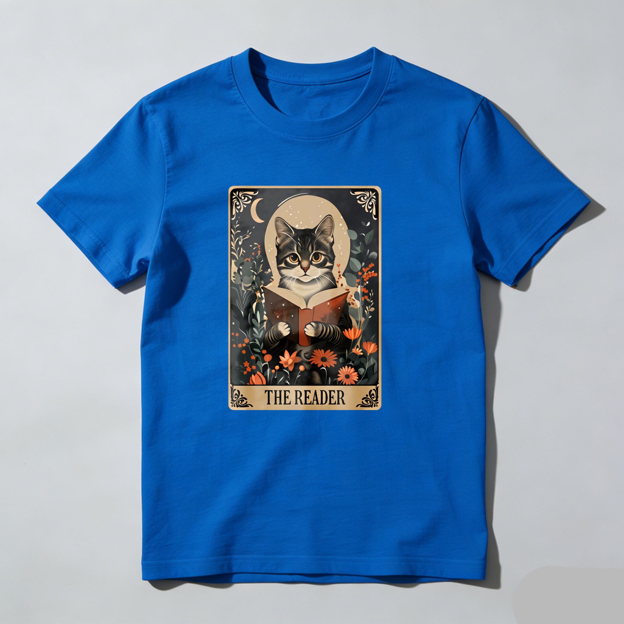 Dorawear™ Cat Reading Book Floral Tarot Card Design T Shirt