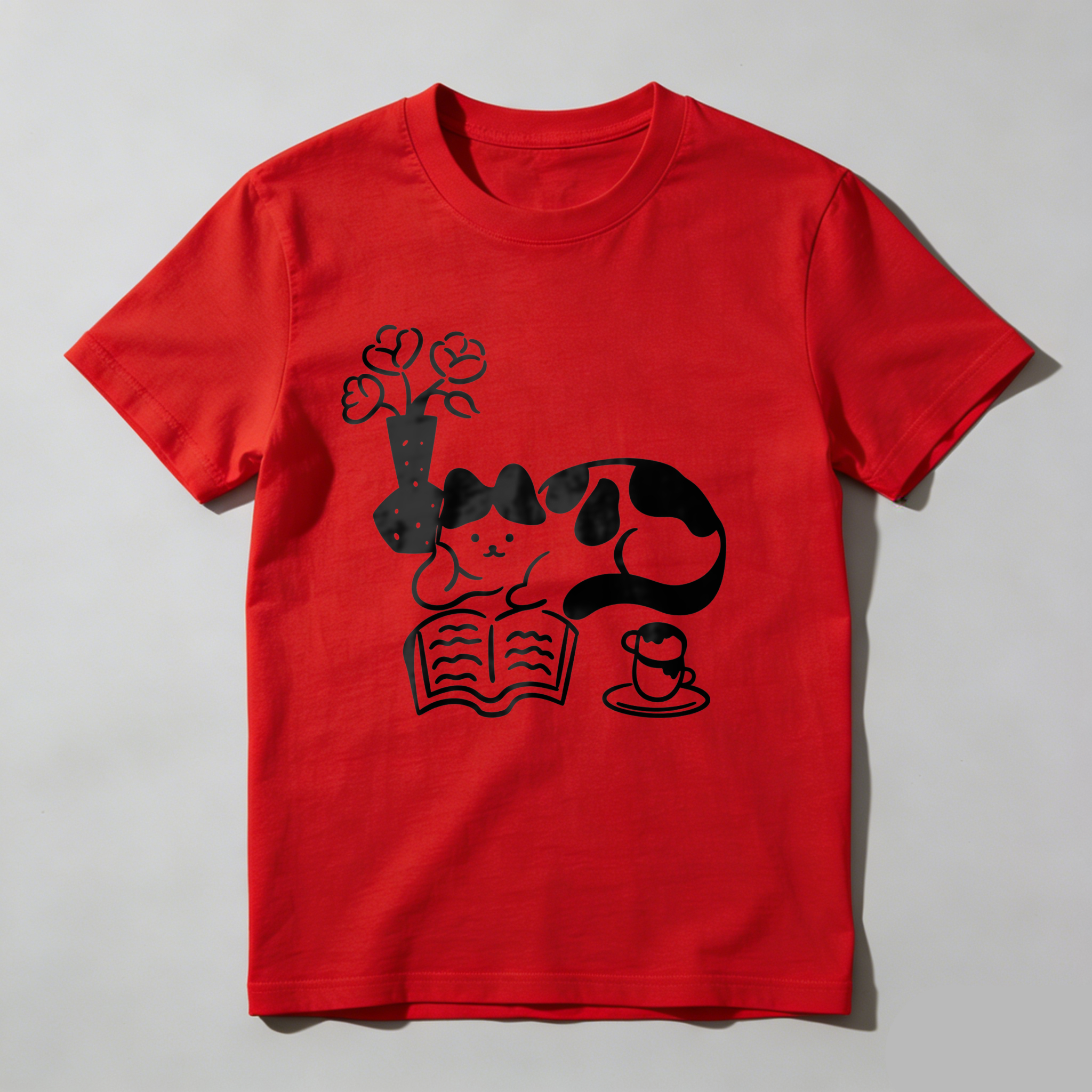 Dorawear Cat Reading Book With Flowers And Tea T Shirt
