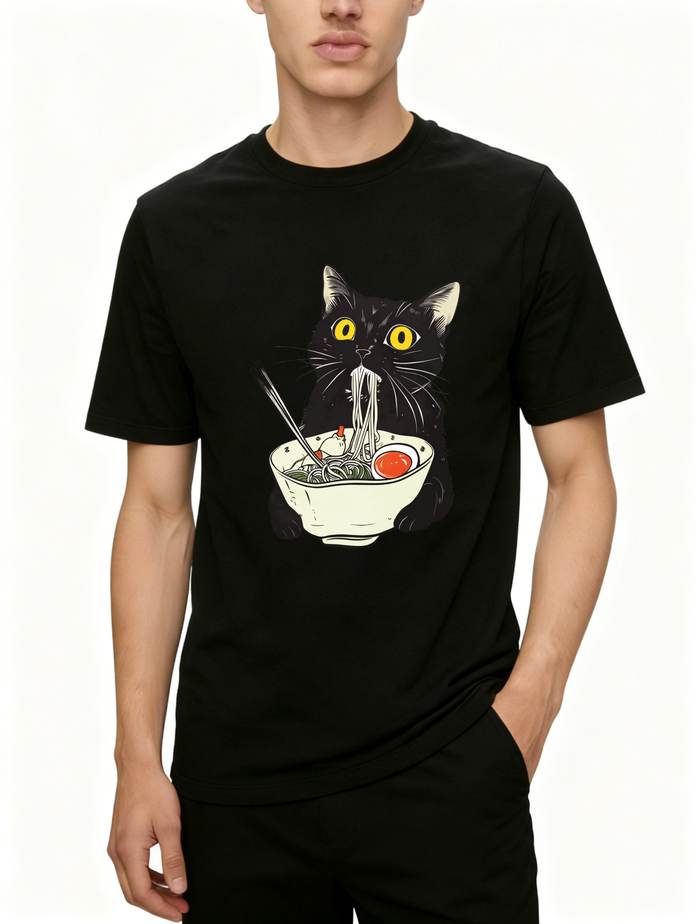 Dorawear™ Black Cat Eating Noodles With Chopsticks T Shirt