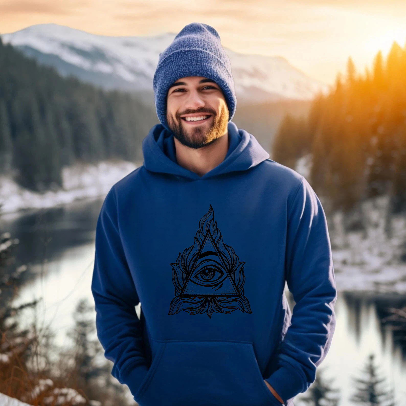 Dorawear™ All Seeing Eye Hoodie With Flame And Leaf Design Black Sweatshirt For Men And Women Spirituality Symbol Clothing Artistic Print Pullover Hoodie-Dorawear