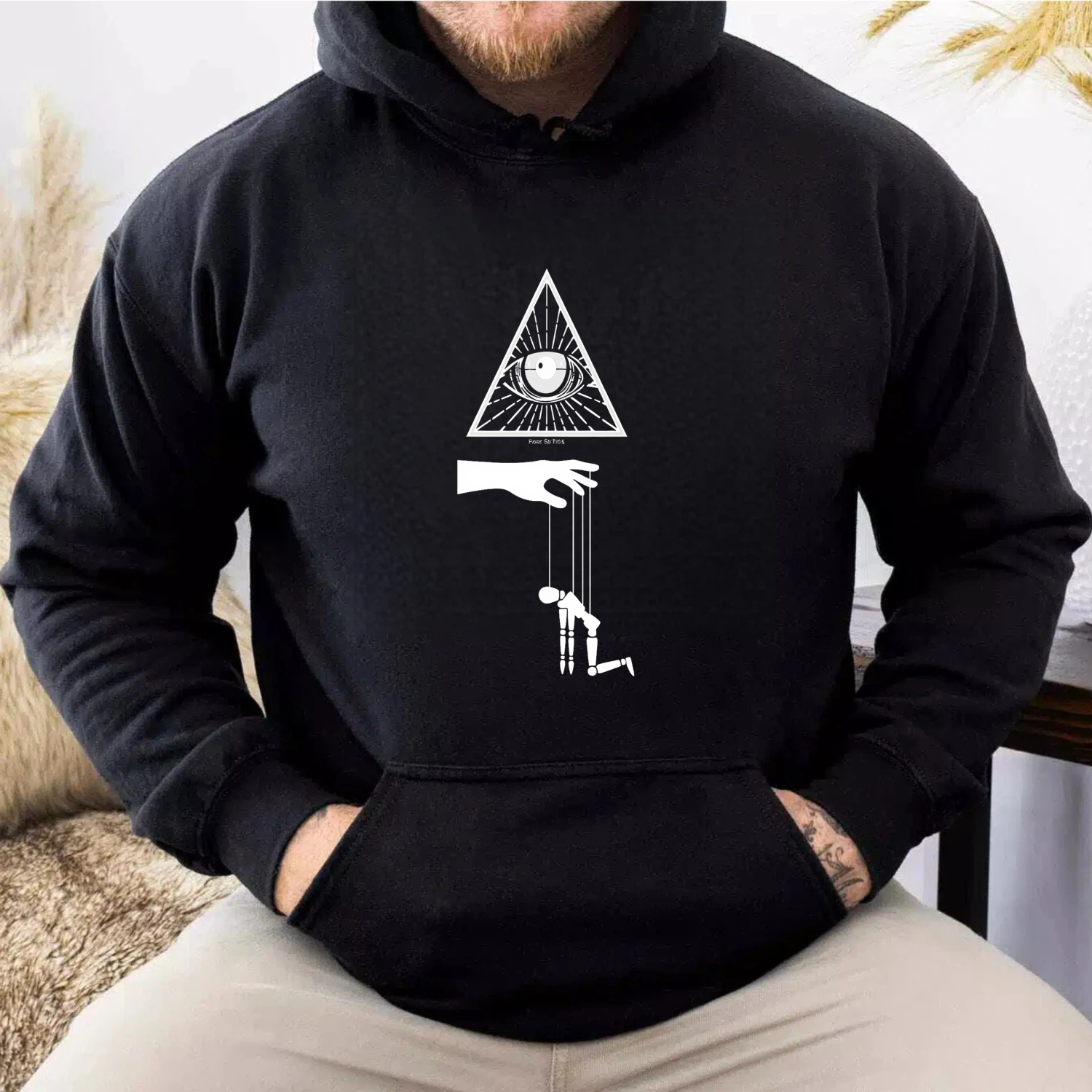 Dorawear™ All Seeing Eye Puppet Control Hoodie Black Sweatshirt With Illuminati Symbol And Hand Manipulating Figure Design For Men Women Unisex Fashion Streetwear Top-Dorawear