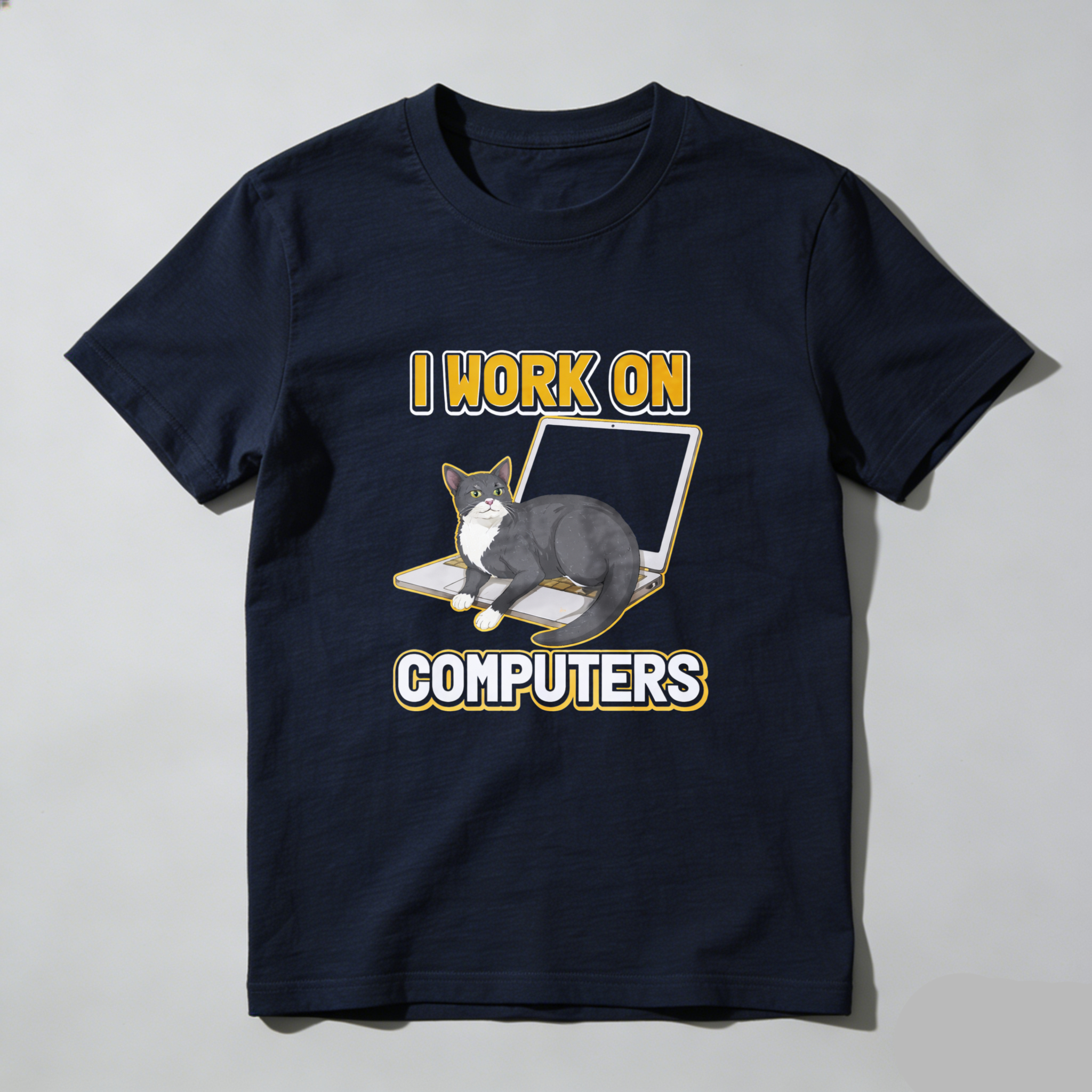 Dorawear™ Cat On Laptop I Work On Computers Pure Cotton Short Sleeve T Shirt-Dorawear