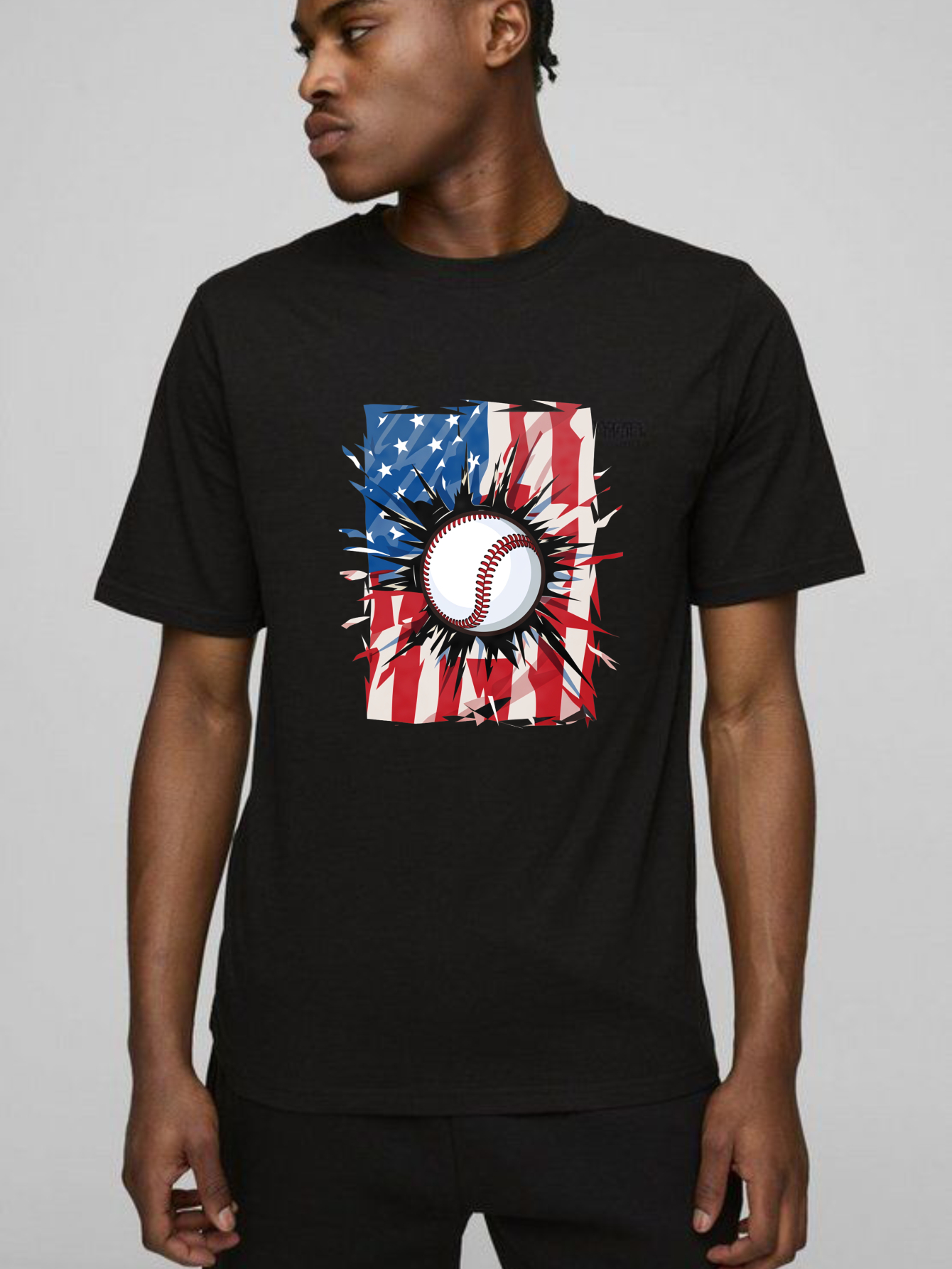 Dorawear™ Baseball With American Flag Background  T Shirt-Dorawear