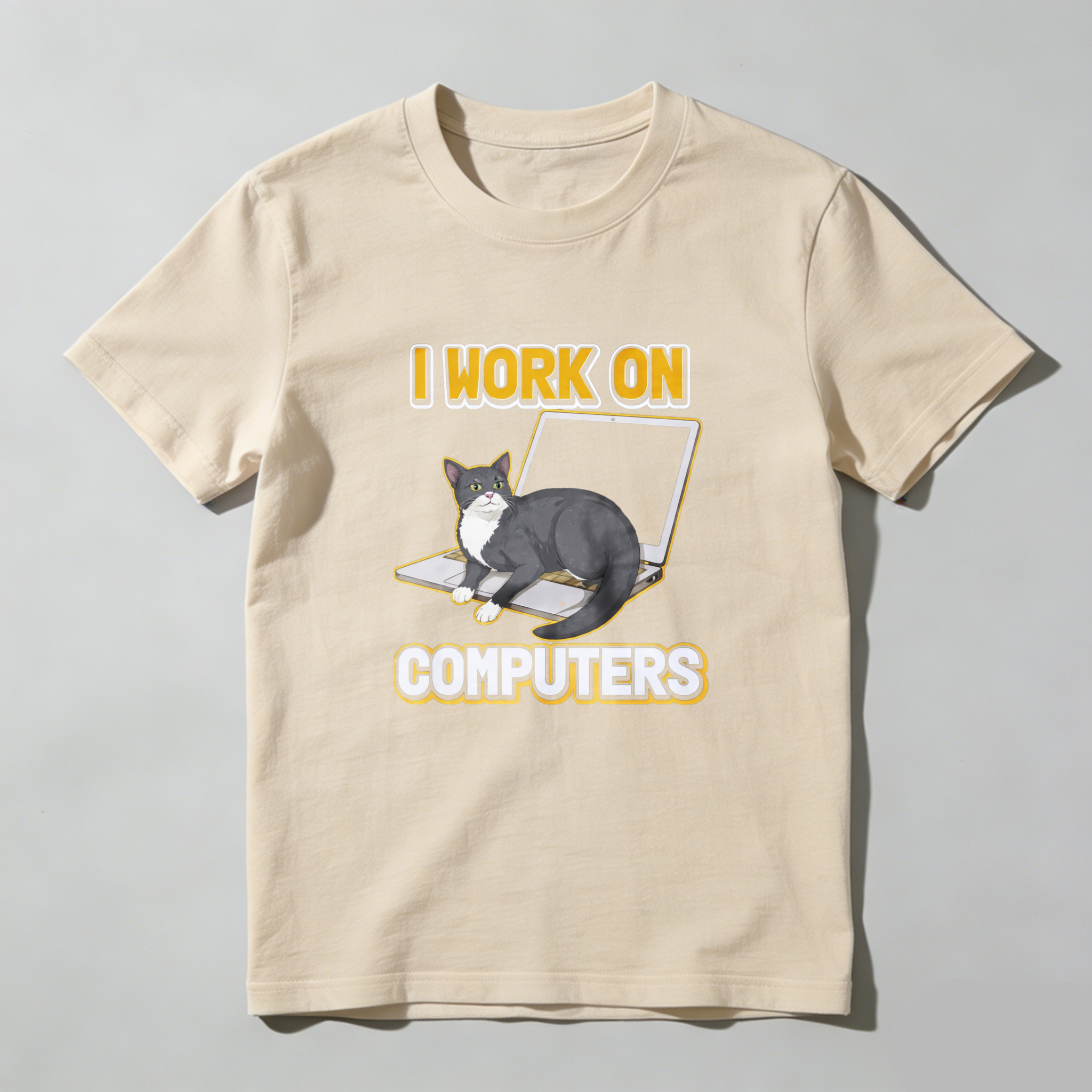 Dorawear™ Cat On Laptop I Work On Computers Pure Cotton Short Sleeve T Shirt-Dorawear