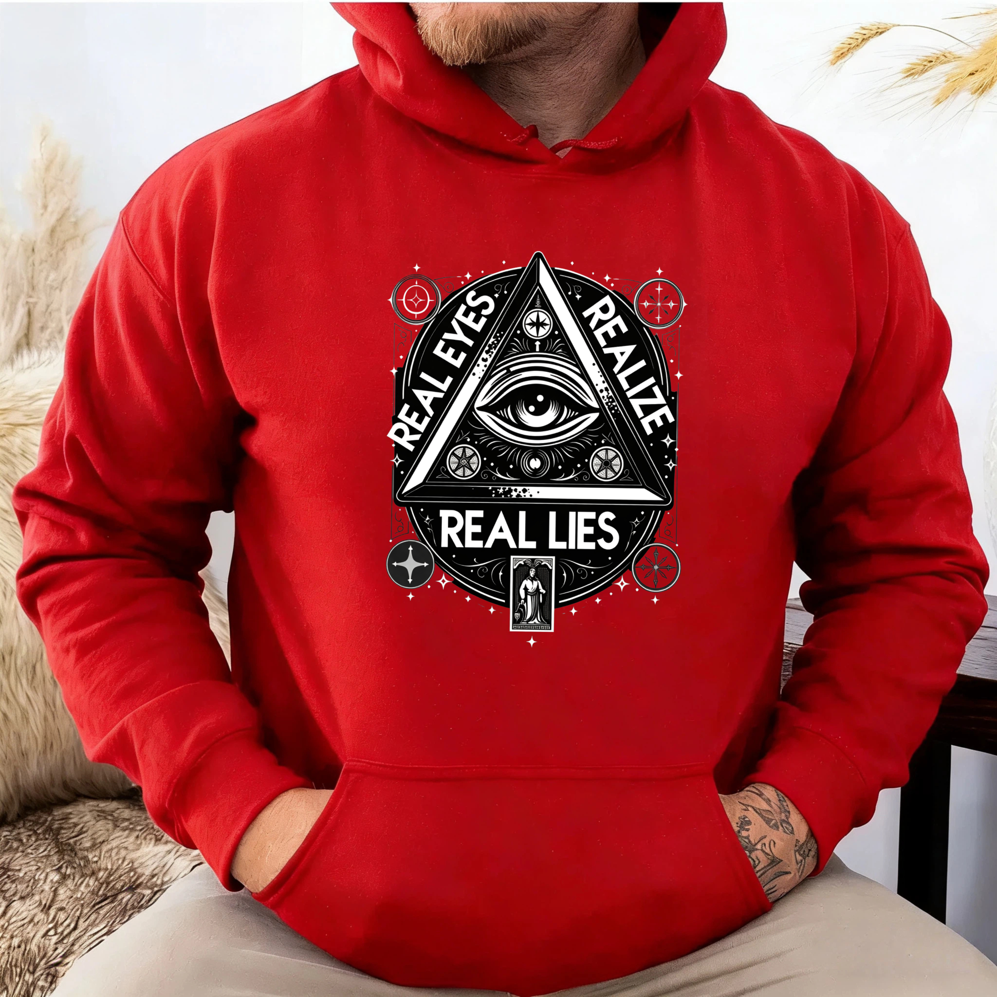 Dorawear™ Real Eyes Real Lies All Seeing Eye Hoodie Black Spiritual Symbolic Design Mystical Eye Print Sweatshirt Unisex Fashion Statement Clothing-Dorawear