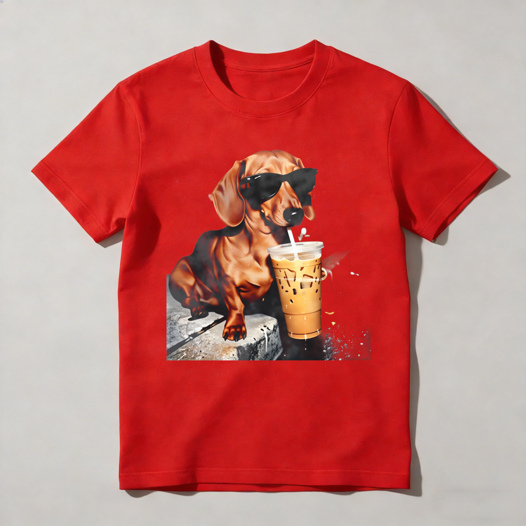 Dorawear™ Dachshund Wears Sunglasses Sips Iced Coffee T Shirt