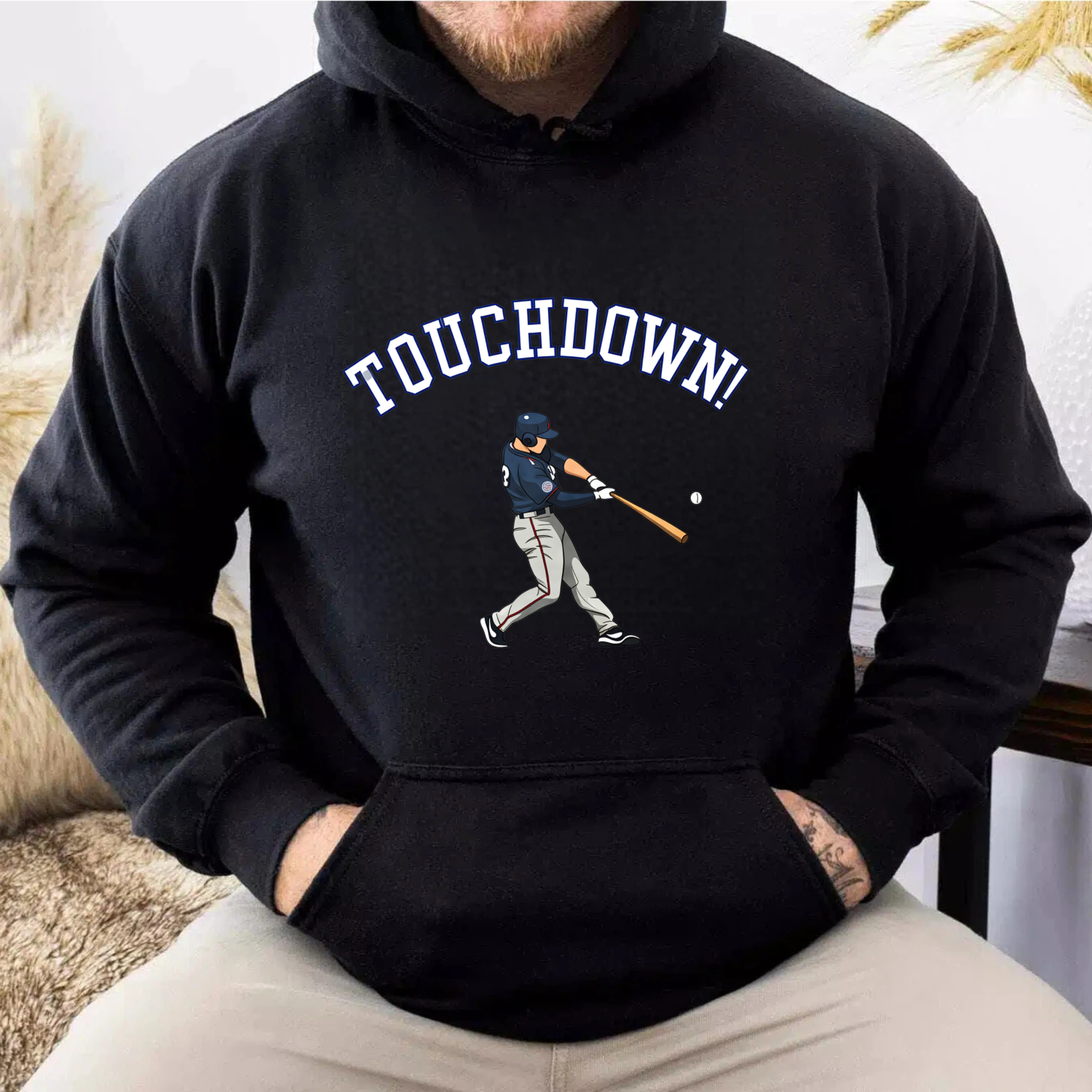 Dorawear™ Touchdown Baseball Player Hoodie Black Sweatshirt With Graphic Design For Sports Fans