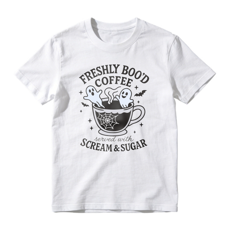Freshly Bood Coffee Served With Scream And Sugar Halloween Ghost Cup Graphic, Unisex Classic T-shirt