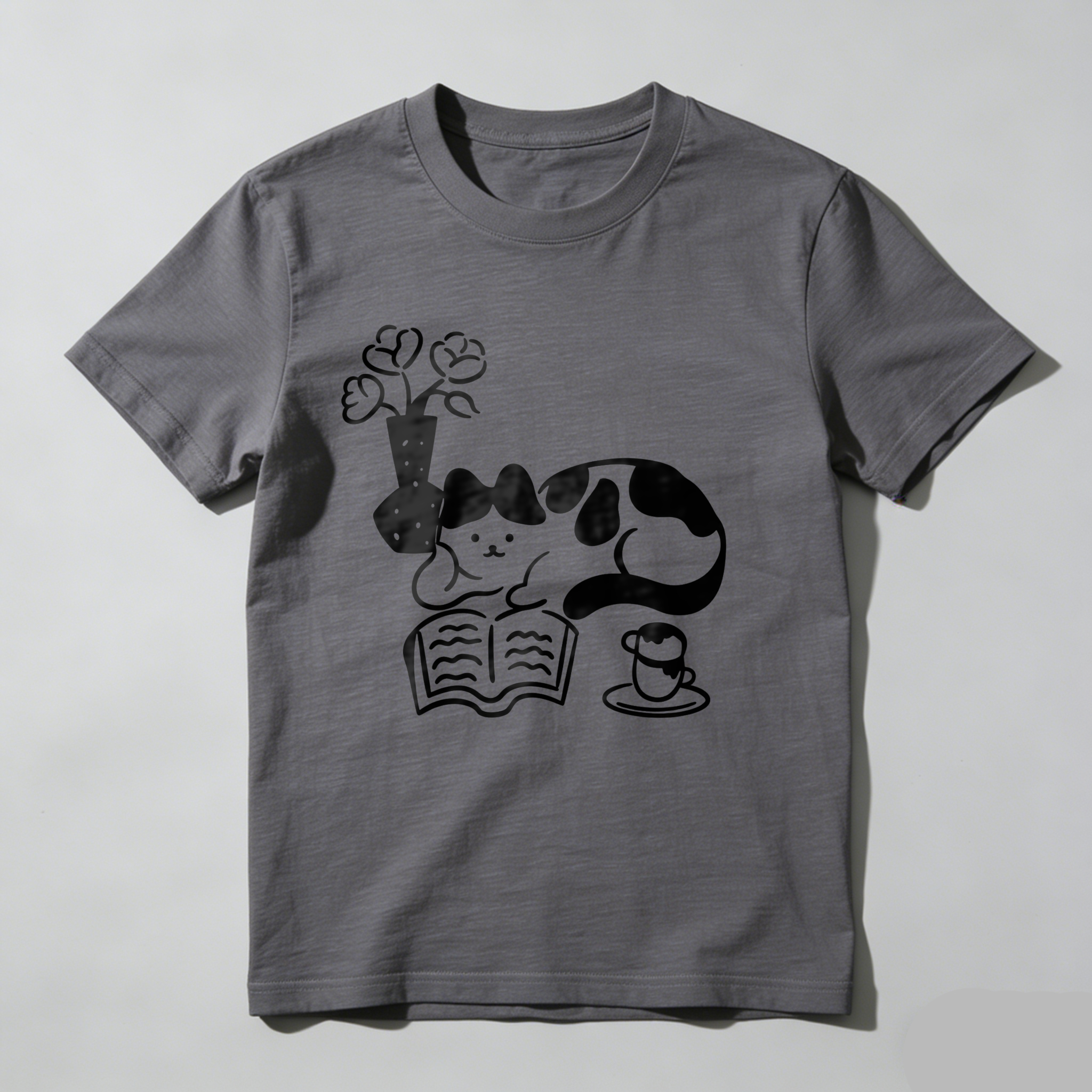 Dorawear Cat Reading Book With Flowers And Tea T Shirt