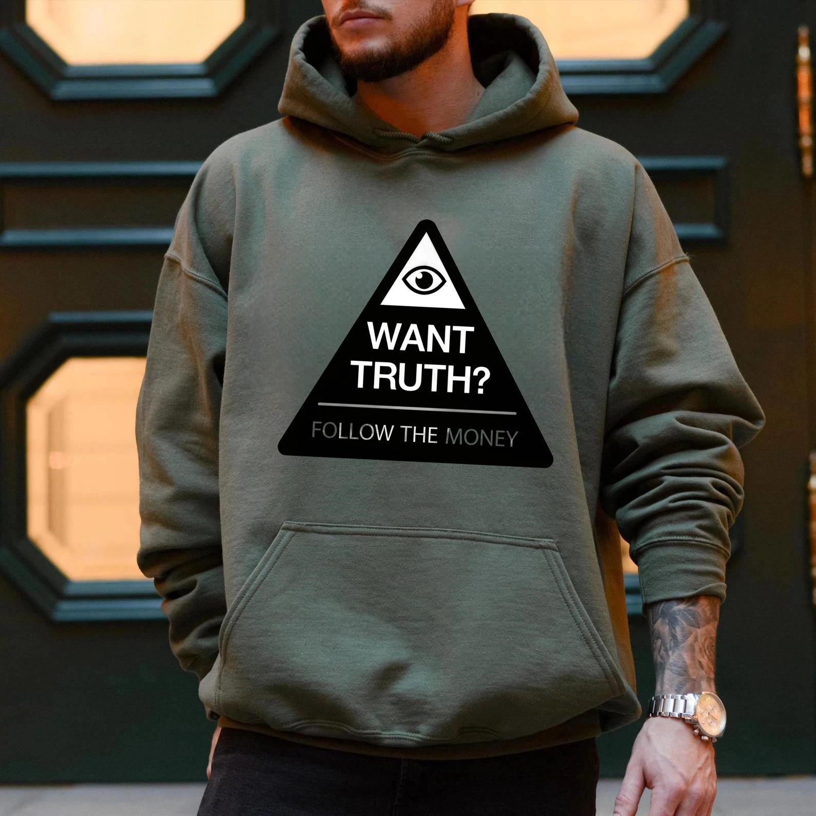 Dorawear™ Want Truth Follow The Money Hoodie With All Seeing Eye Design Black Sweatshirt For Men Women Casual Wear Statement Apparel-Dorawear