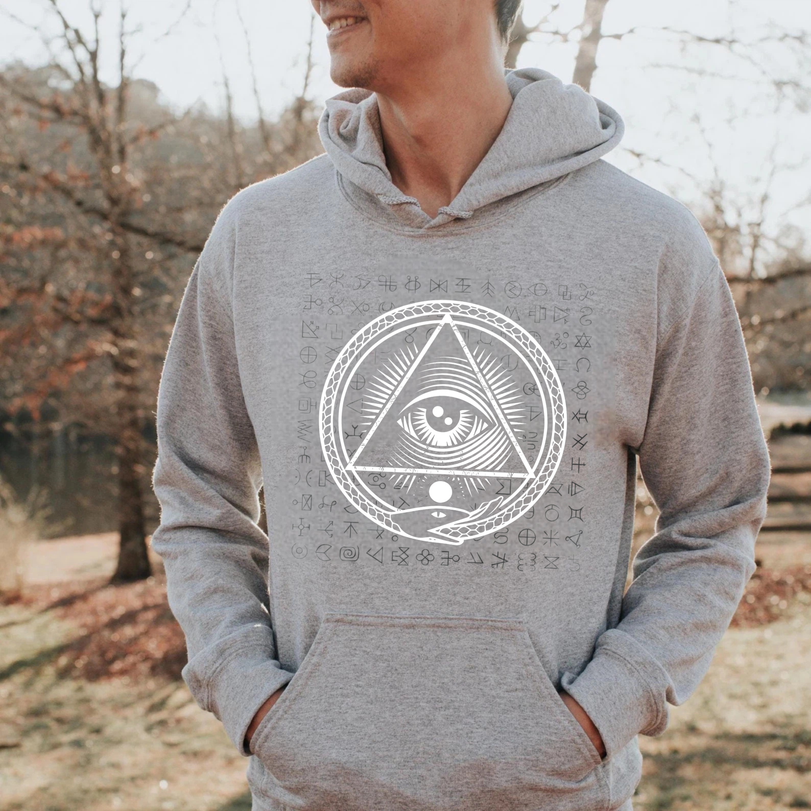 Dorawear™ All Seeing Eye Symbol Hoodie With Mystical Symbols And Ancient Text Design Black Sweatshirt For Men And Women Spiritual Fashion Statement Piece-Dorawear