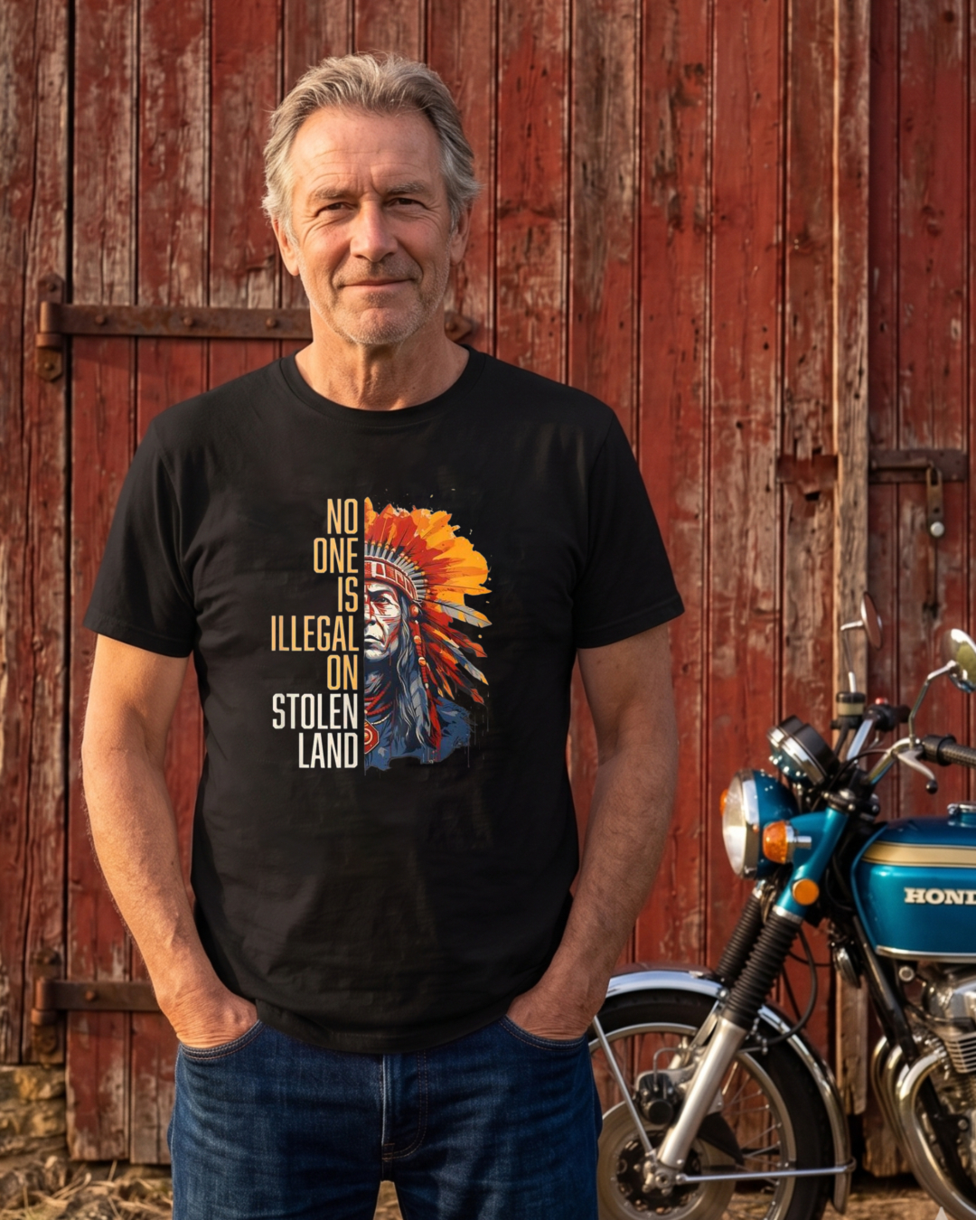 Native American Headdress And Text No One Is Illegal On Stolen Land T-shirt