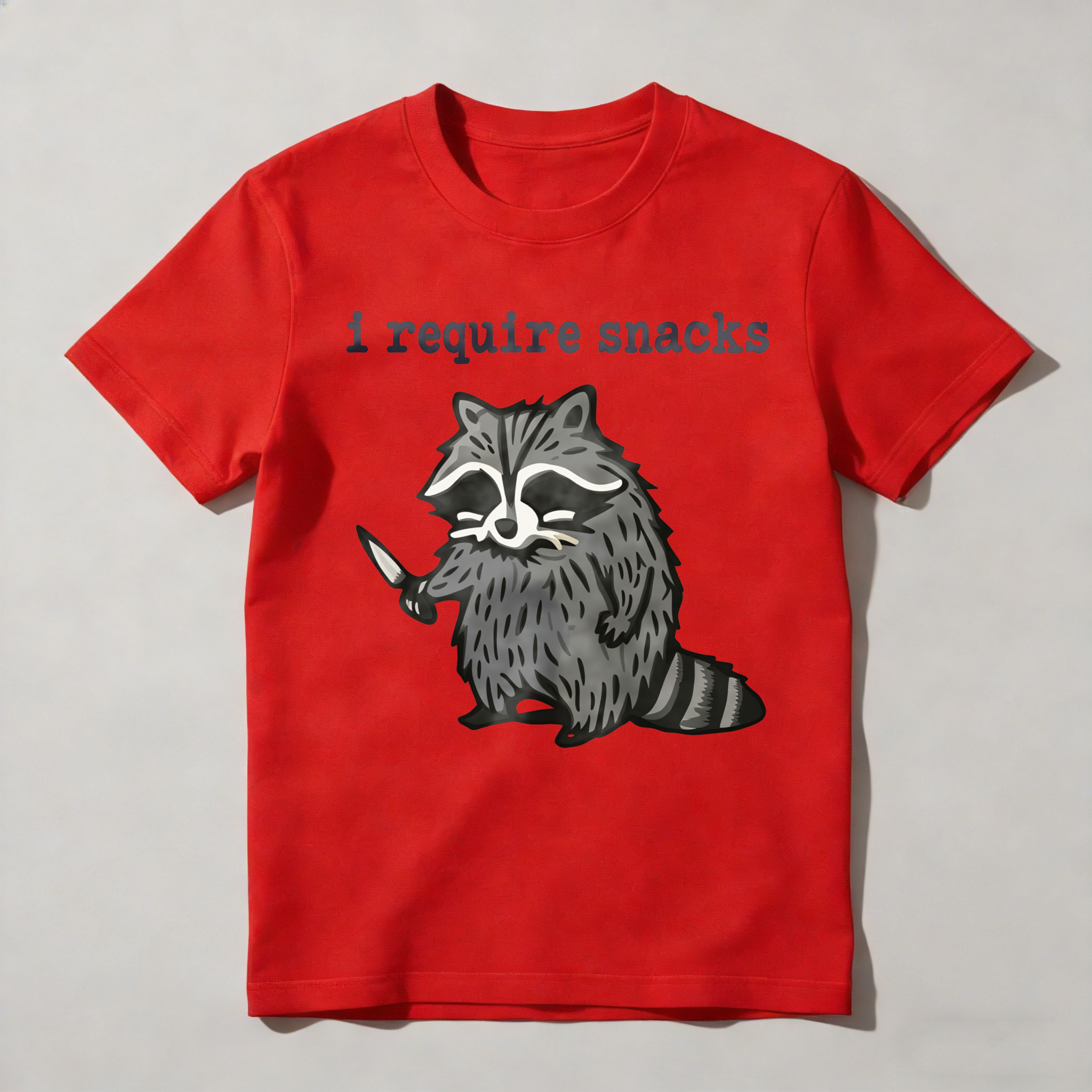 Dorawear™ Racoon Holding Knife With Text Above T Shirt