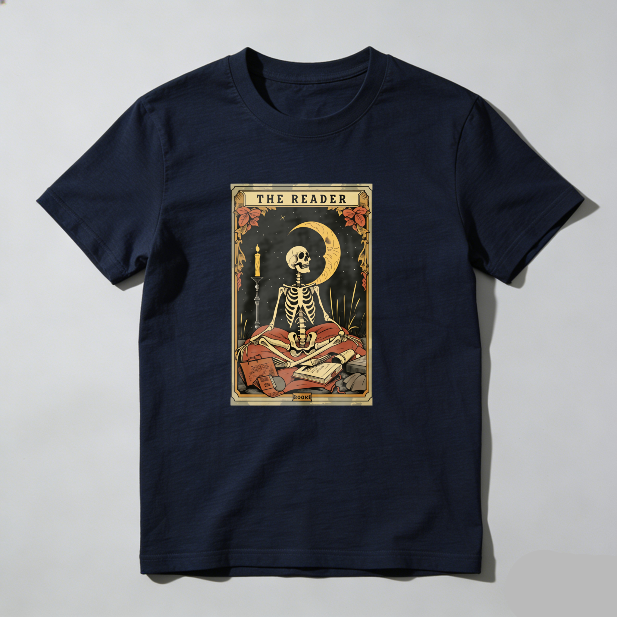 Dorawear™ The Reader Skeleton Reading Book Moon Candle T Shirt