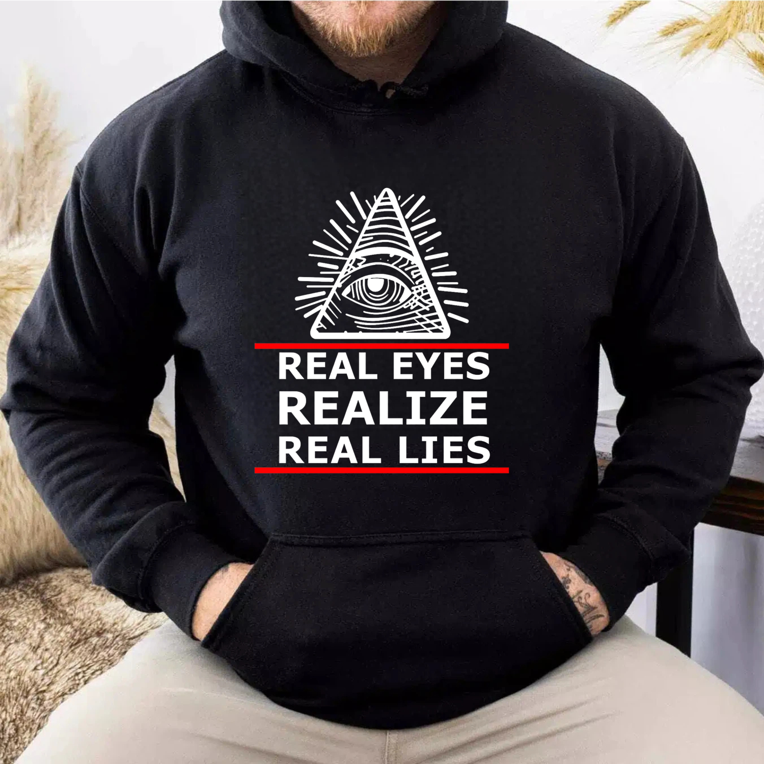 Dorawear™ Real Eyes Realize Real Lies Hoodie With All Seeing Eye Symbol Black Sweatshirt For Men Women Unisex Fashion Statement Piece-Dorawear