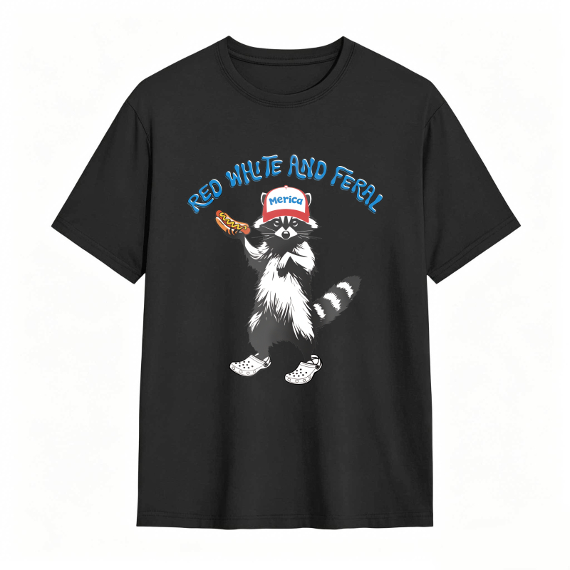 USA Red White Feral Racoon Vintage Hot Dog Party America Patriotic Racoon Tshirt