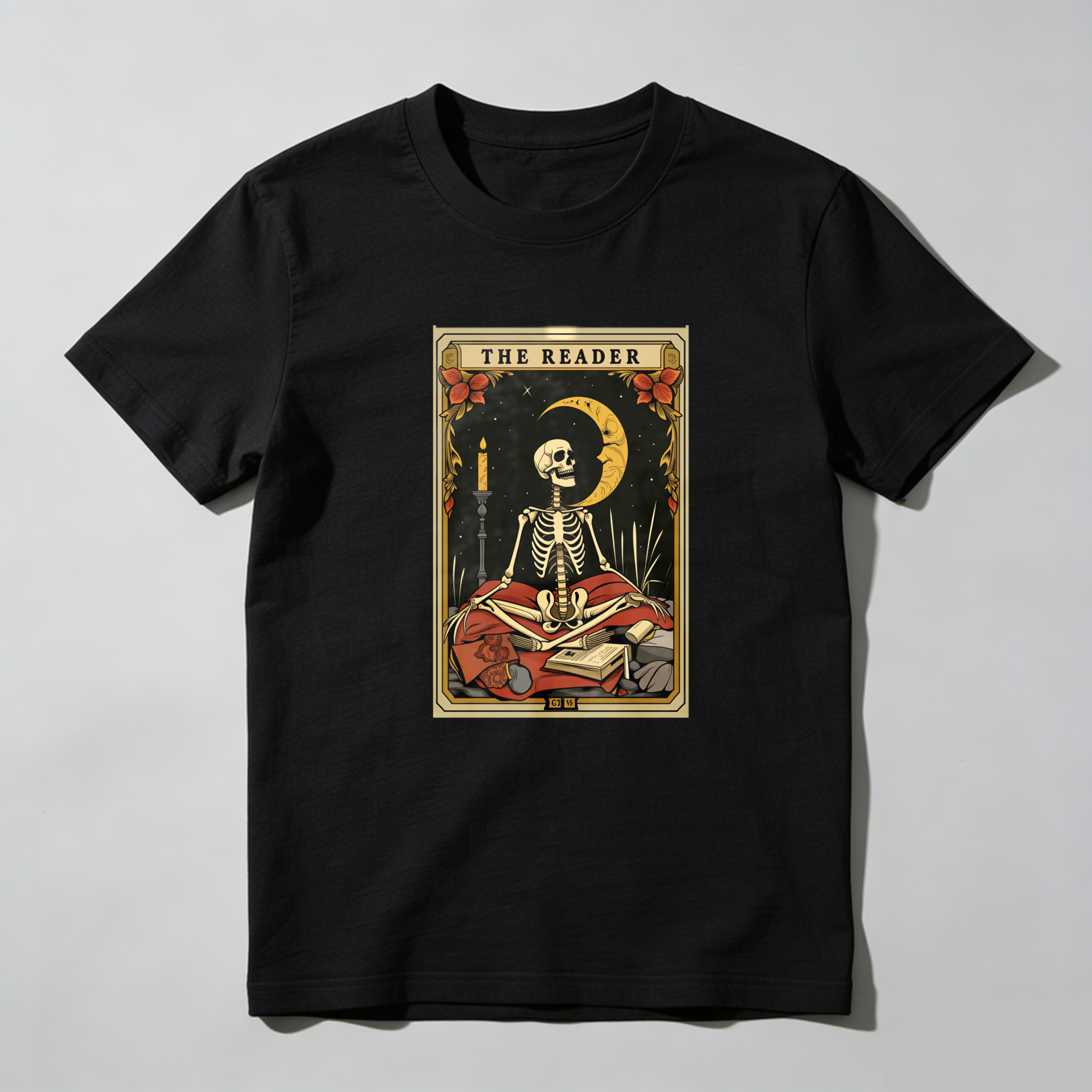 Dorawear The Reader Skeleton Moon Book Candle T Shirt