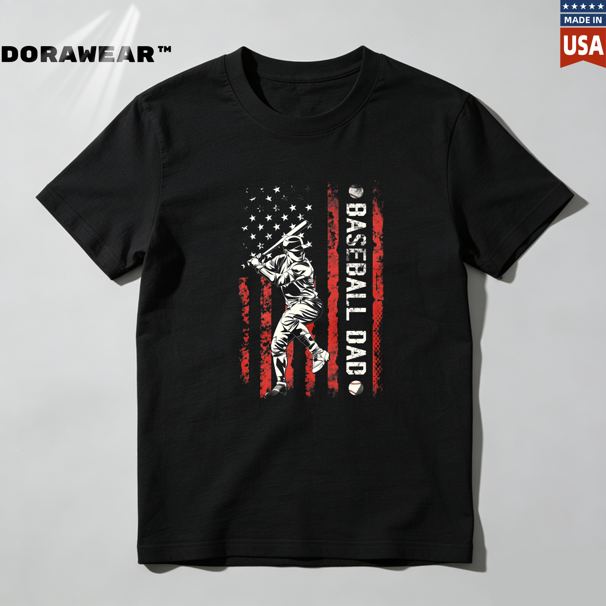Dorawear™ Baseball Player American Flag Dad  T Shirt-Dorawear