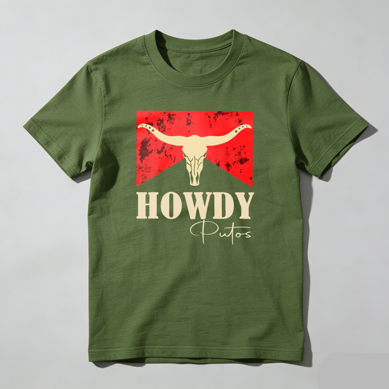Dorawear™ Cow Skull Red Background Howdy Putos T Shirt 100% cotton