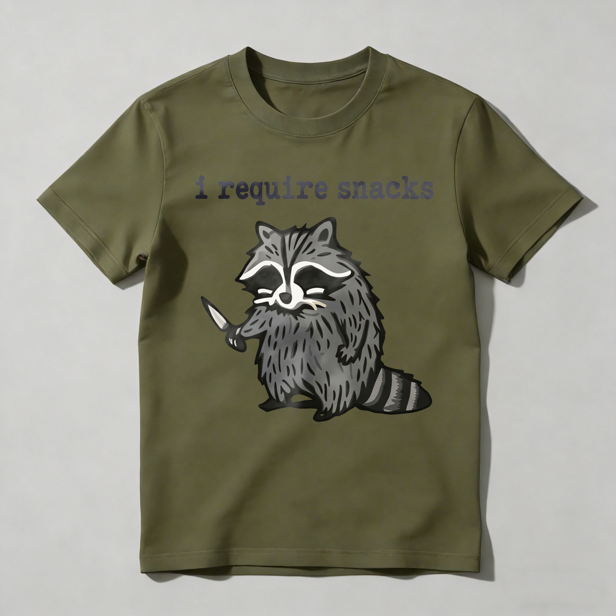 Dorawear™ Racoon Holding Knife With Text Above T Shirt