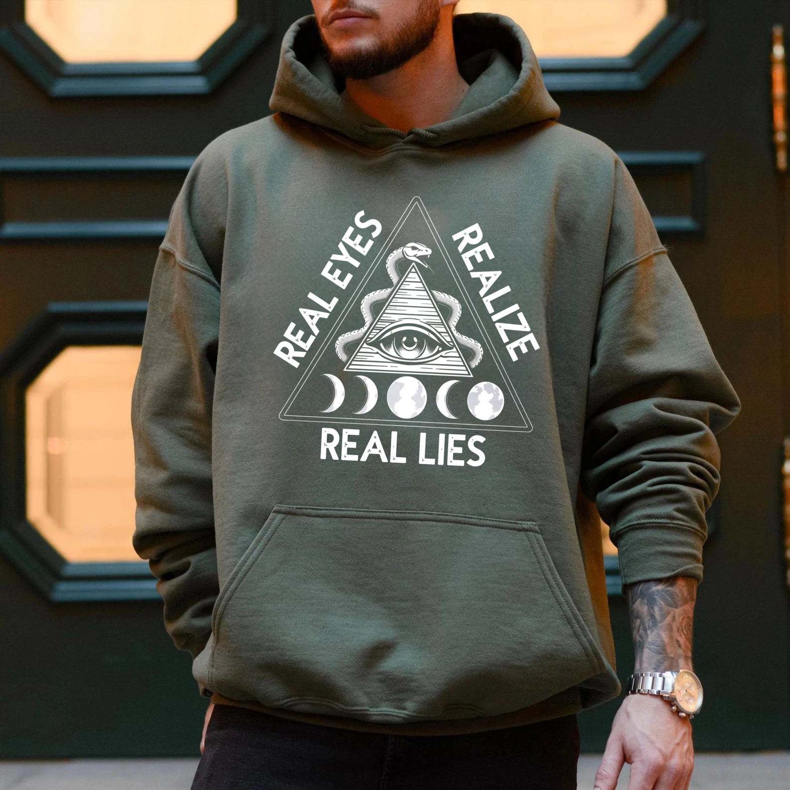 Dorawear™ Real Eyes Realize Real Lies Hoodie All Seeing Eye Symbol Moon Phases Design Black Sweatshirt Unisex Pullover Fashion Statement Apparel-Dorawear