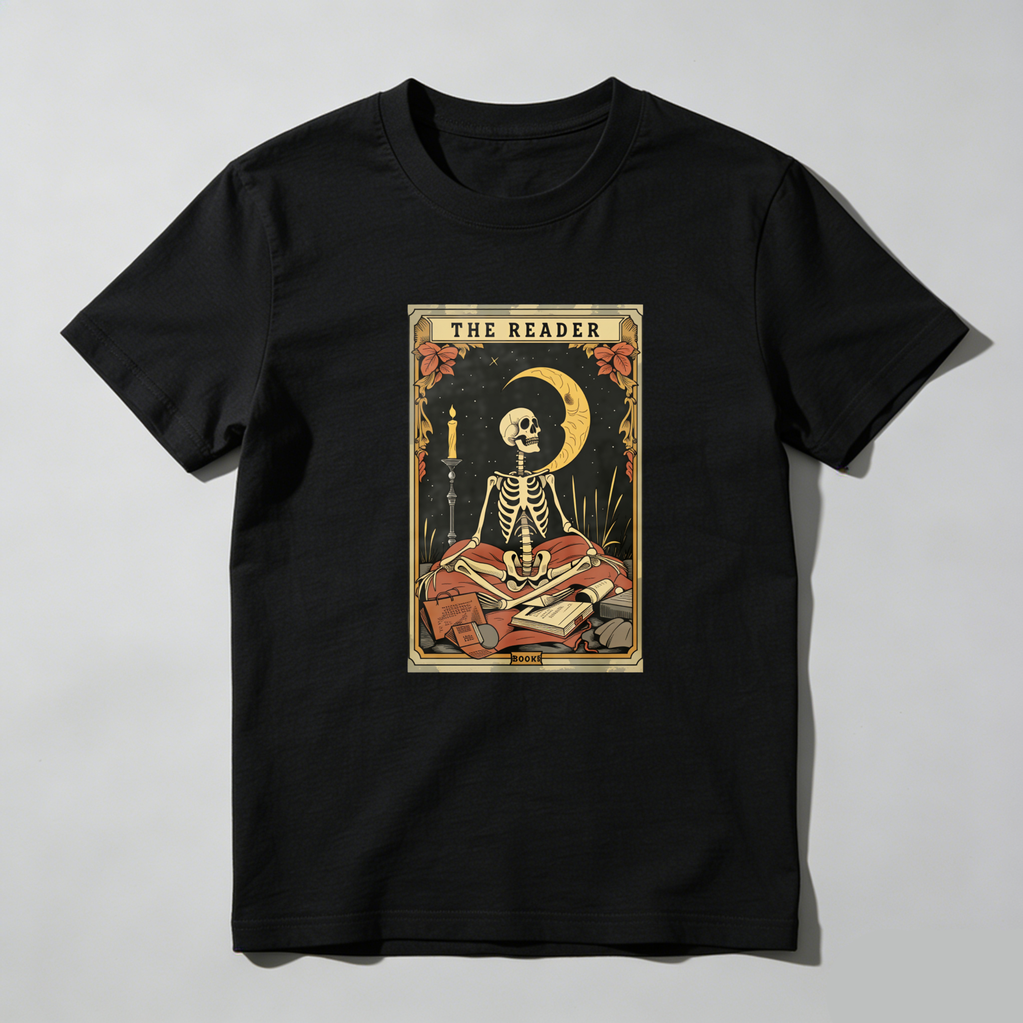 Dorawear The Reader Skeleton Reading Book Moon Candle T Shirt