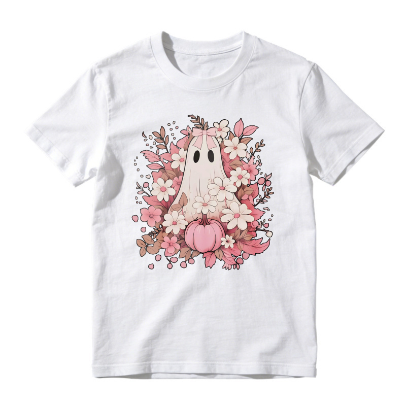Cute Ghost With Pink Flowers And Pumpkin, Unisex Classic T-shirt