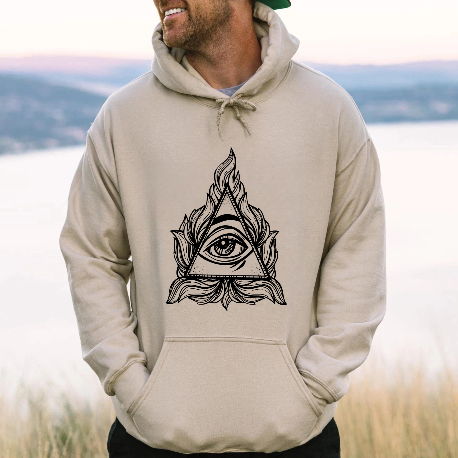 Dorawear™ All Seeing Eye Hoodie With Flame And Leaf Design Black Sweatshirt For Men And Women Spirituality Symbol Clothing Artistic Print Pullover Hoodie-Dorawear