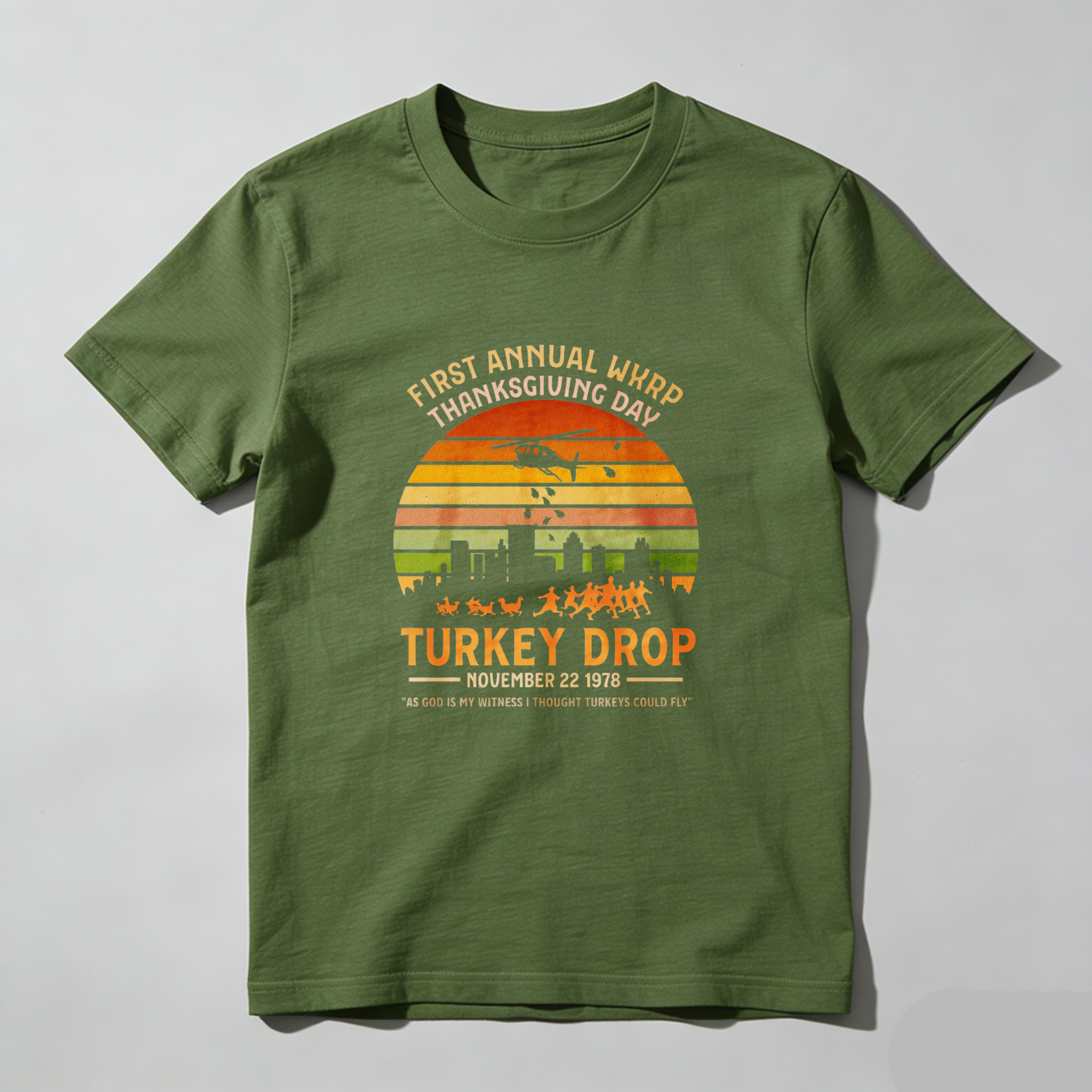 Dorawear™ First Annual Wkrp Thanksgiving Day Turkey Drop November 22 1978 Pure Cotton Short Sleeve T Shirt-Dorawear