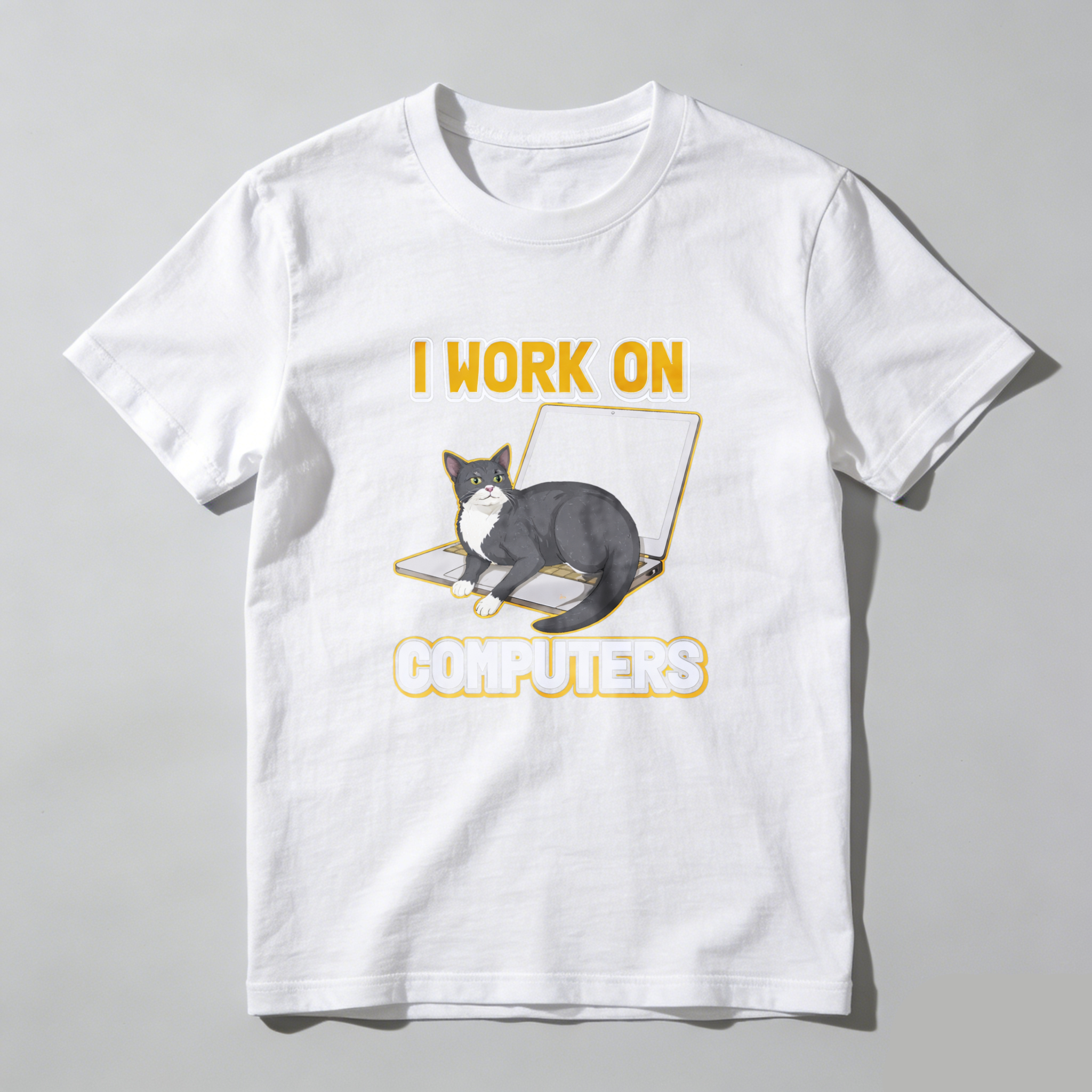 Dorawear™ Cat On Laptop I Work On Computers Pure Cotton Short Sleeve T Shirt-Dorawear