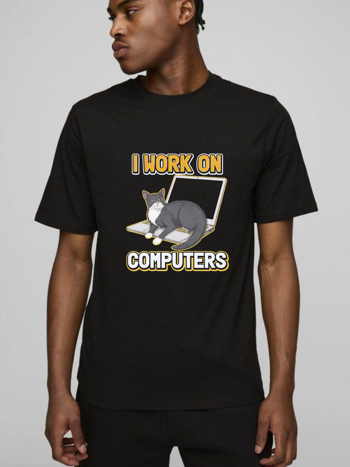 Dorawear™ Cat On Laptop I Work On Computers Pure Cotton Short Sleeve T Shirt-Dorawear