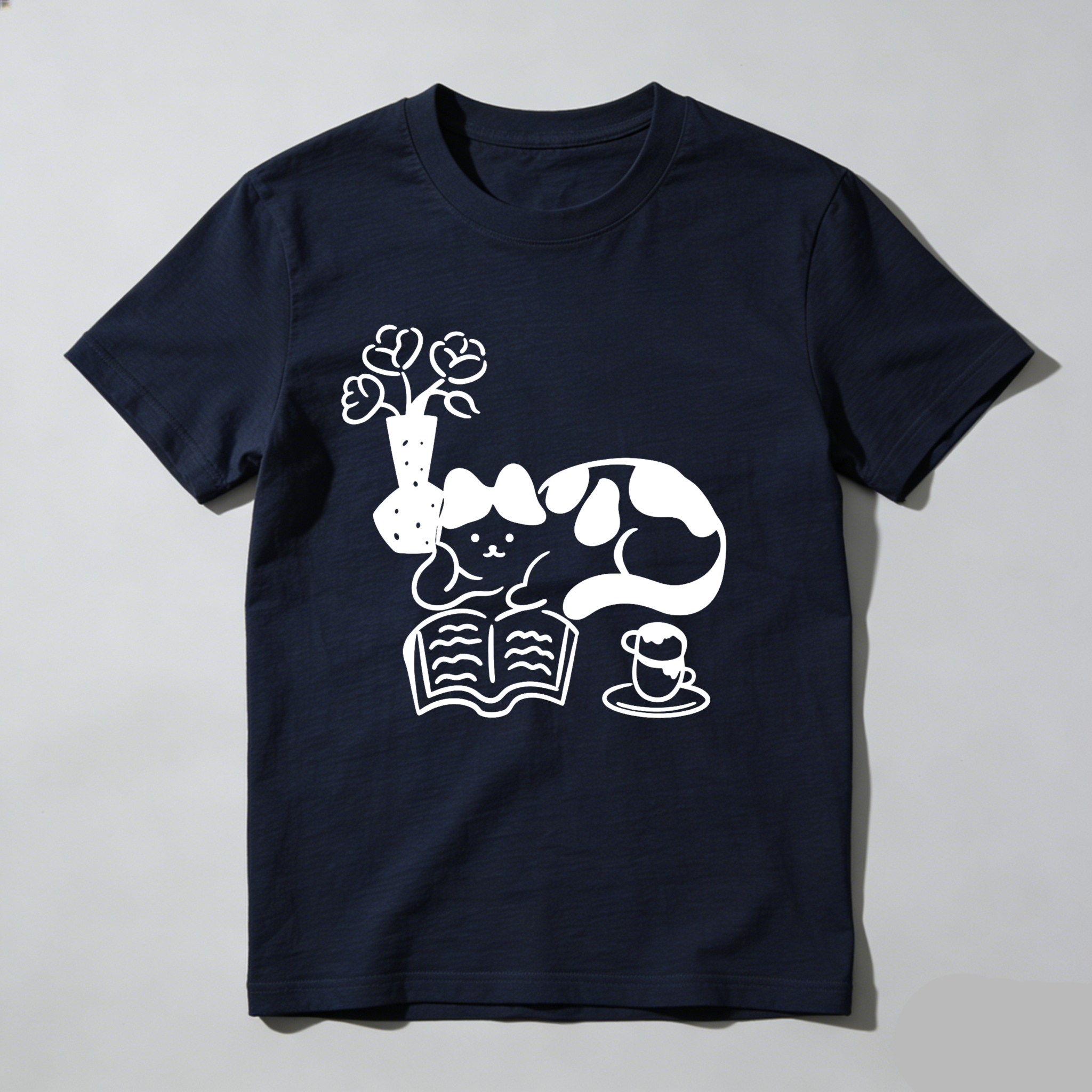 Dorawear Cat Reading Book With Flowers And Tea T Shirt